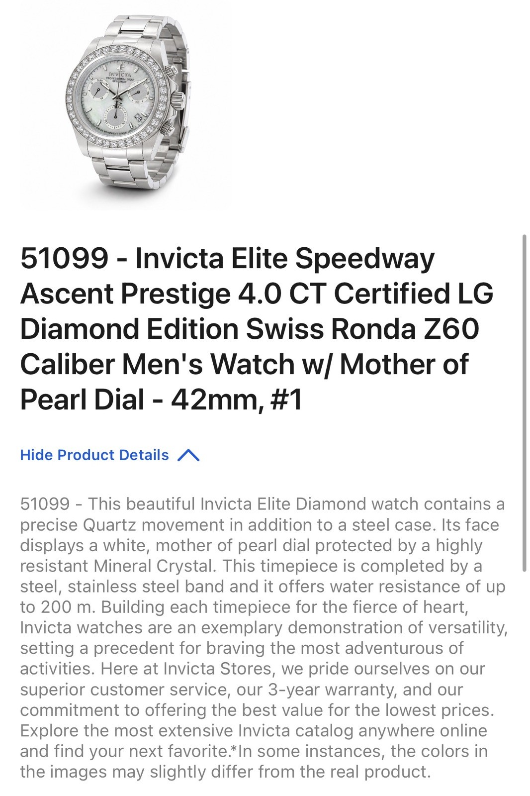 🔥Invicta Elite Speedway 4.0 CT Certified LG Diamonds Swiss Movement 51099