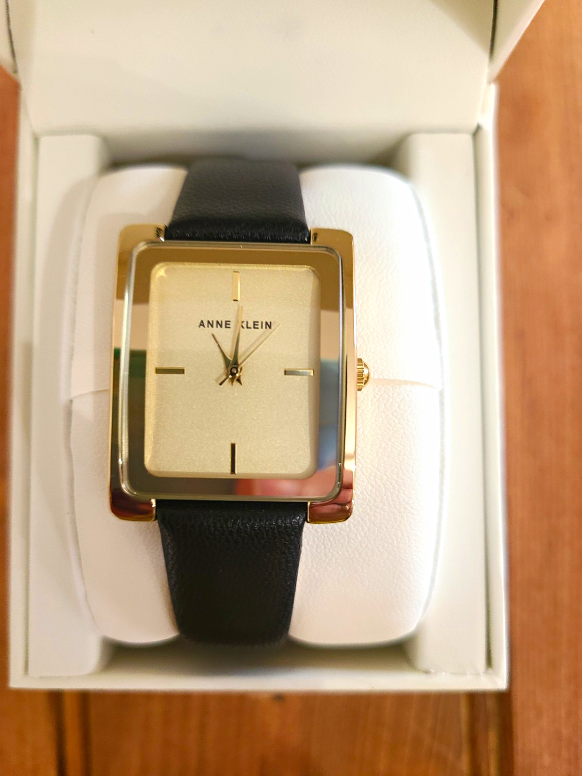 Anne Klein Women’s Rectangle Dress Watch Gold Case Black Leather Strap w/ Box