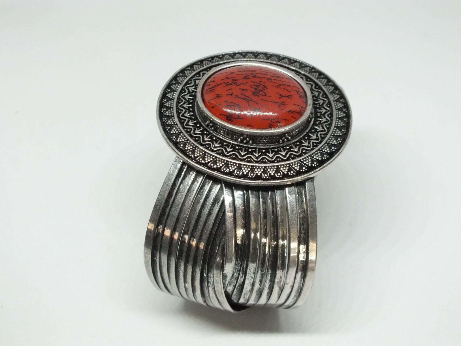 Cuff Bracelet Silver Tone Texture Rust Marbled Cabochon 1 7/8″ Wide x 2 1/4″ Acr
