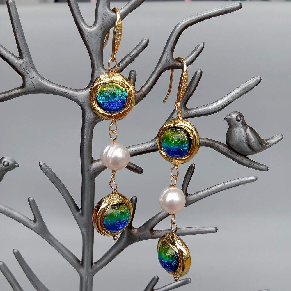Freshwater Cultured White Keshi Pearl Blue Murano Glass DangleHook Earrings