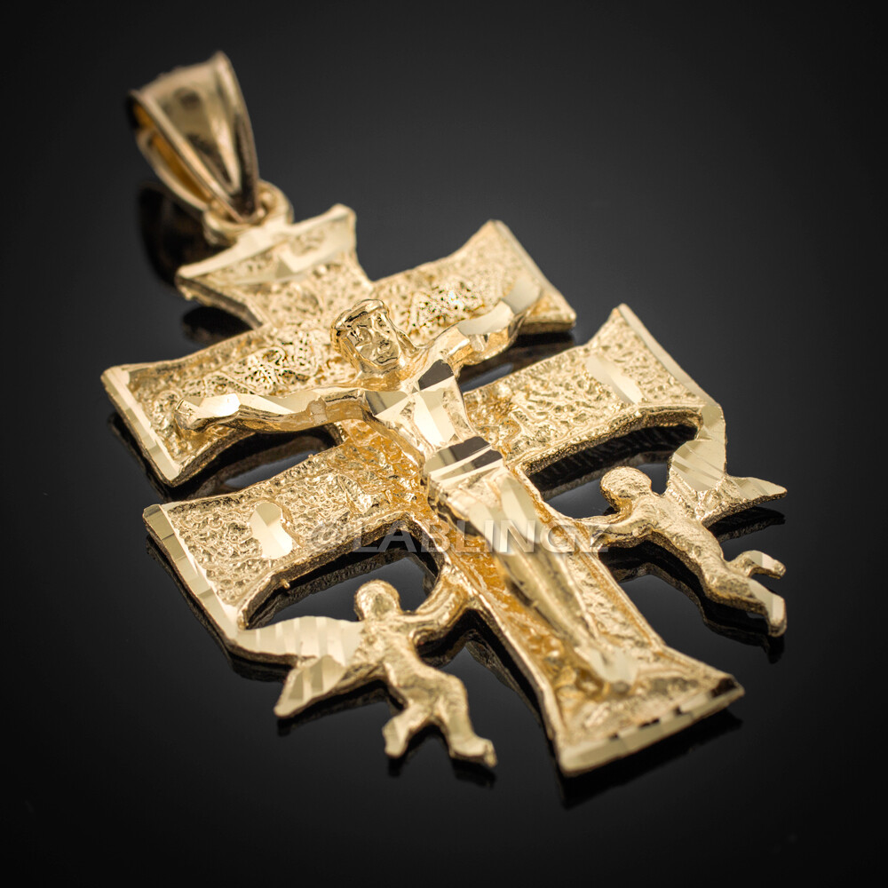Gold Caravaca Crucifix Double Cross with Angels Crucifix Pendant