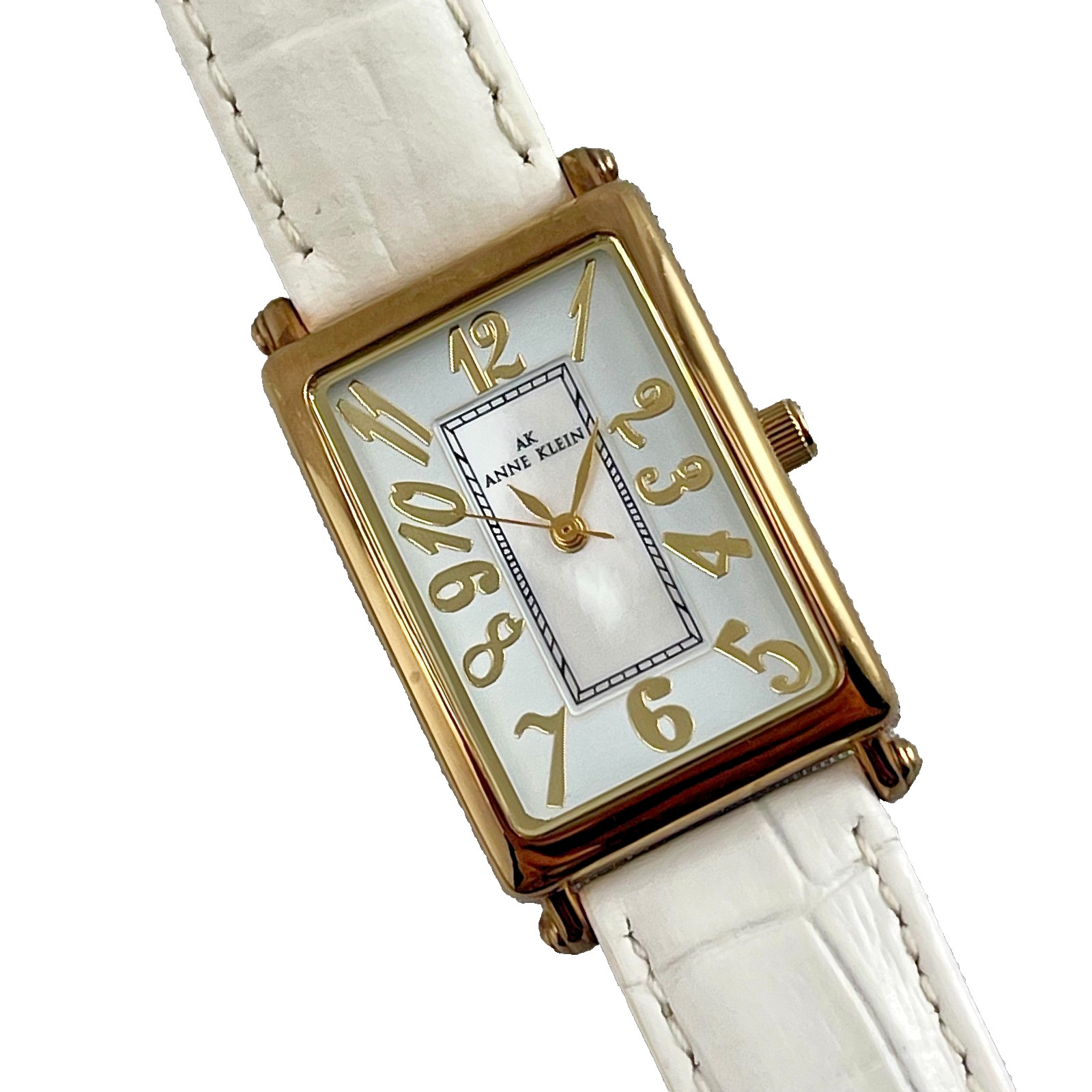 ANNE KLEIN MOTHER OF PEARL GOLD # DIAL WHITE LATHER BAND WOMEN’S WATCH 10/7186