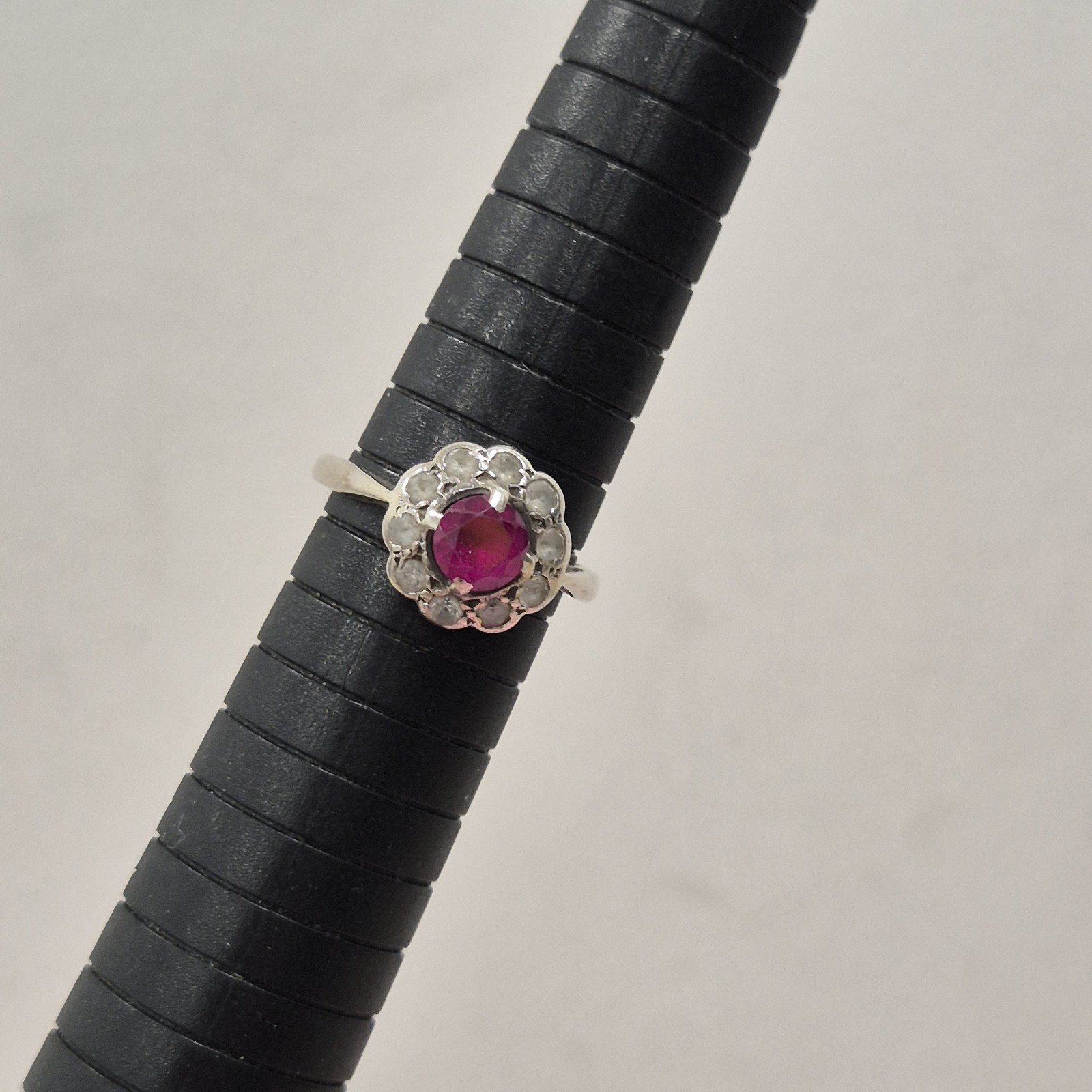 Vintage Gold Silver Pink Synthetic Ruby Cluster Ring Floral Design Size P 1/2