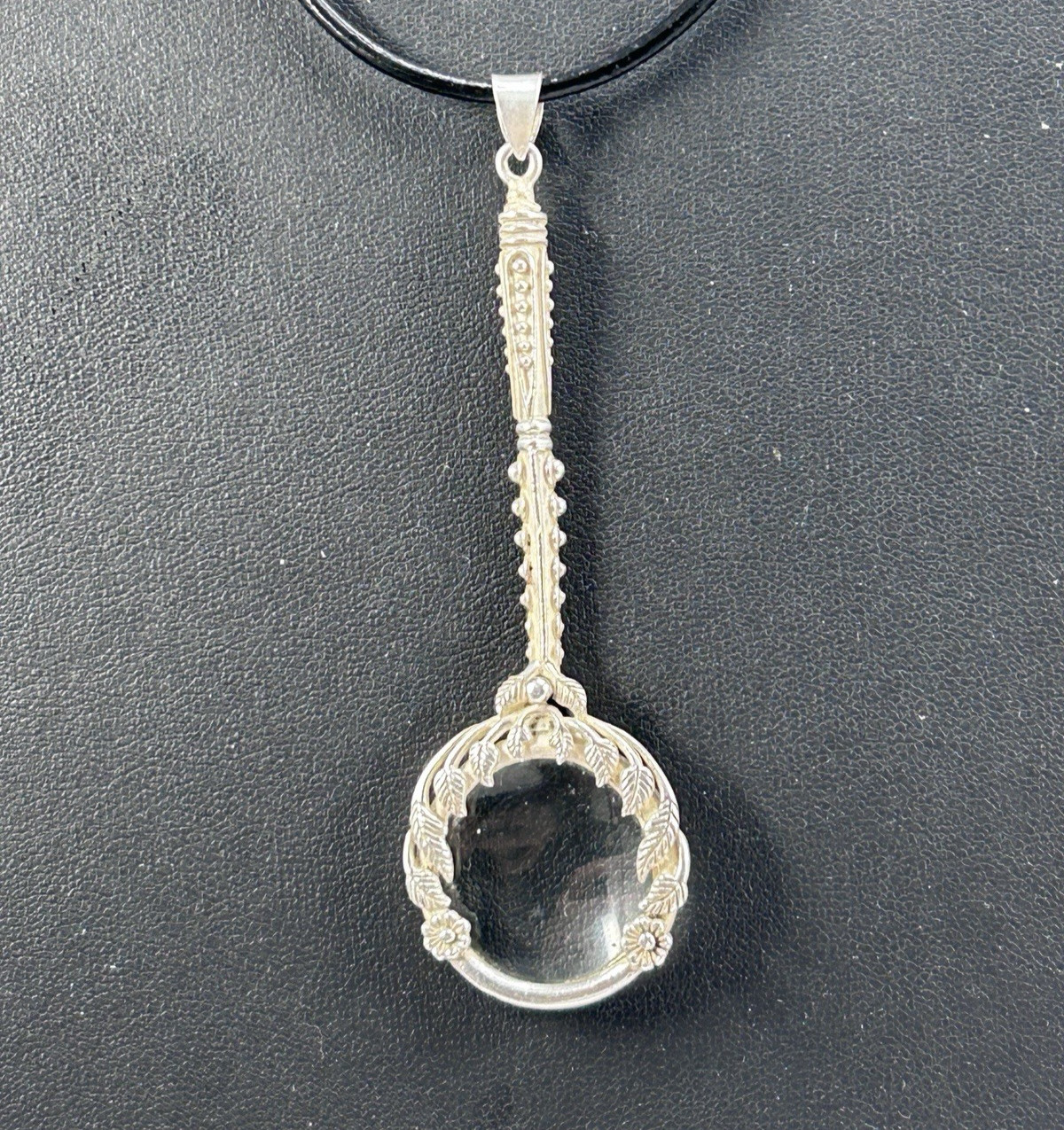 Silver-tone Pretty Floral Design 3″ Magnifying Glass Pendent On Cord 26″