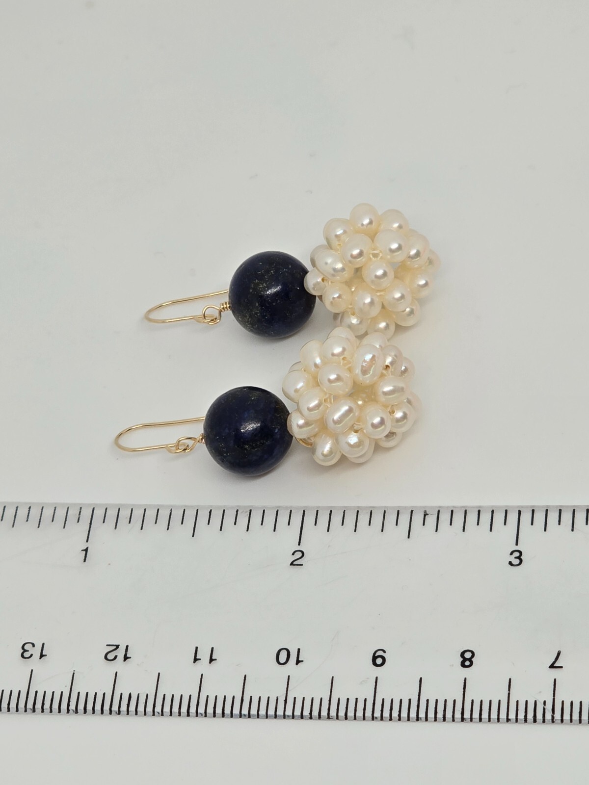 Lapis Lazuli and White Pearl Dangle Earrings 14k Yellow Gold or Sterling Silver