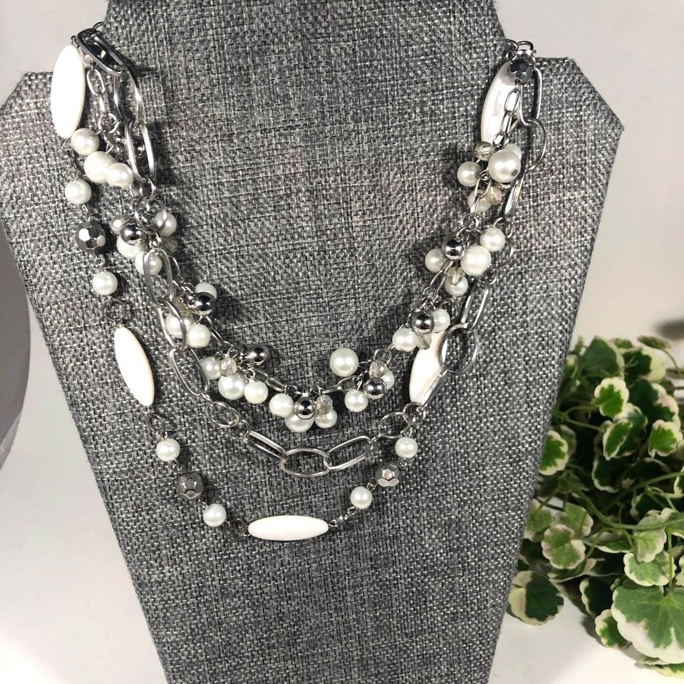 Faux Pearl and Silver Tone Dangles Multi Strand Necklace 16in plus 3in Extender