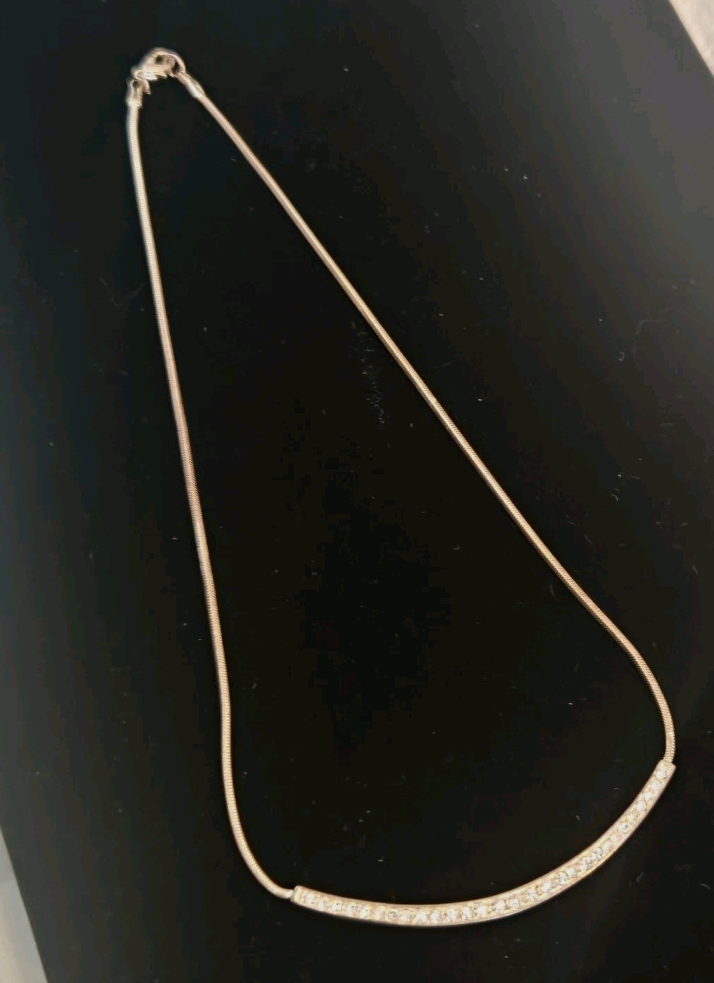 Vintage Necklace Curved 3″ Bar Small Pavé-set Stones on Rope Chain • Silver Tone