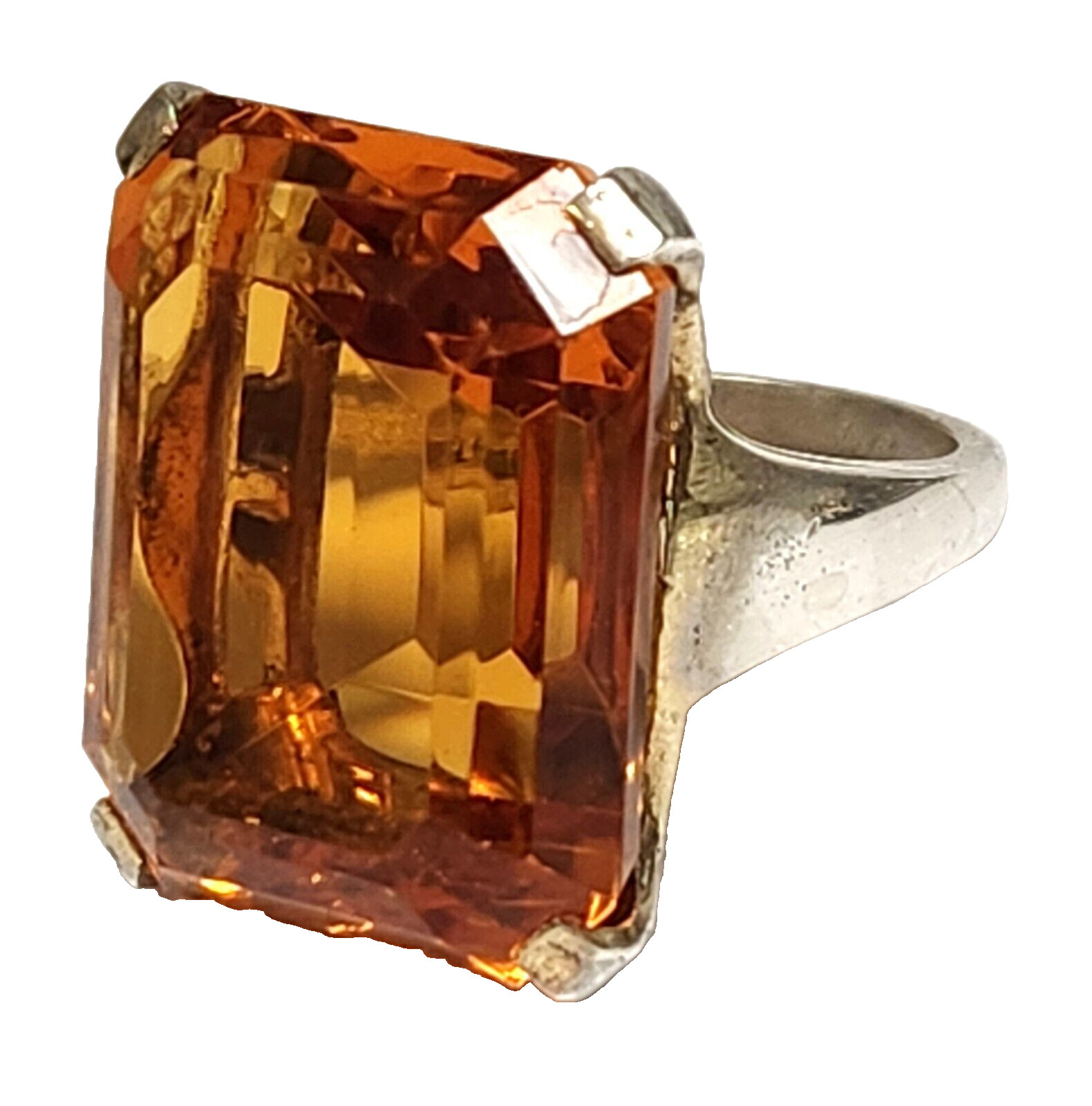 1960’s Emarald Cut 20+ Carat Faux Orange Citrine Glass Sterling Silver Ring 6