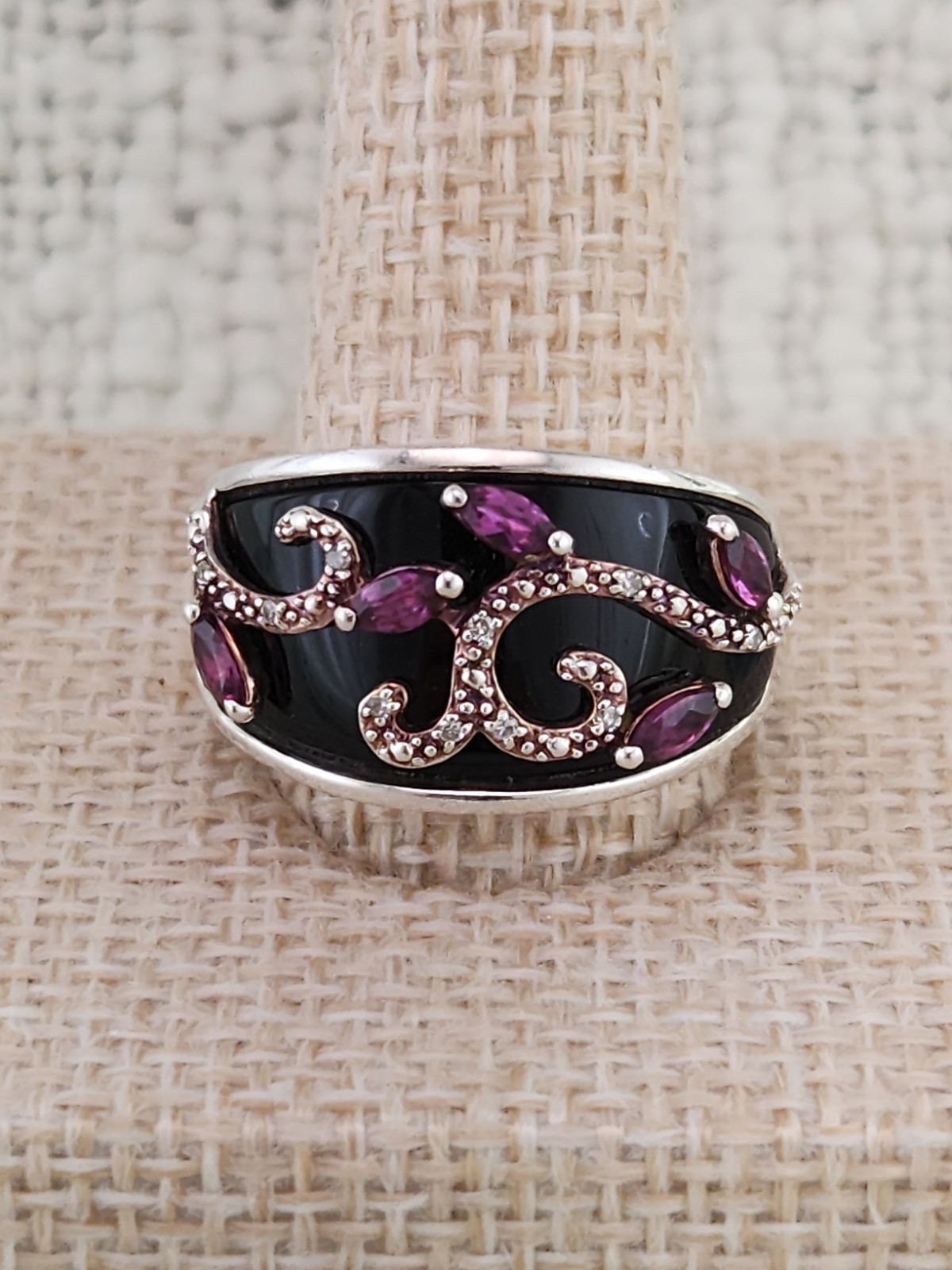 Michelle Albala 925 Sterling Silver Onyx Garnet Diamond Ring Designer Size 7