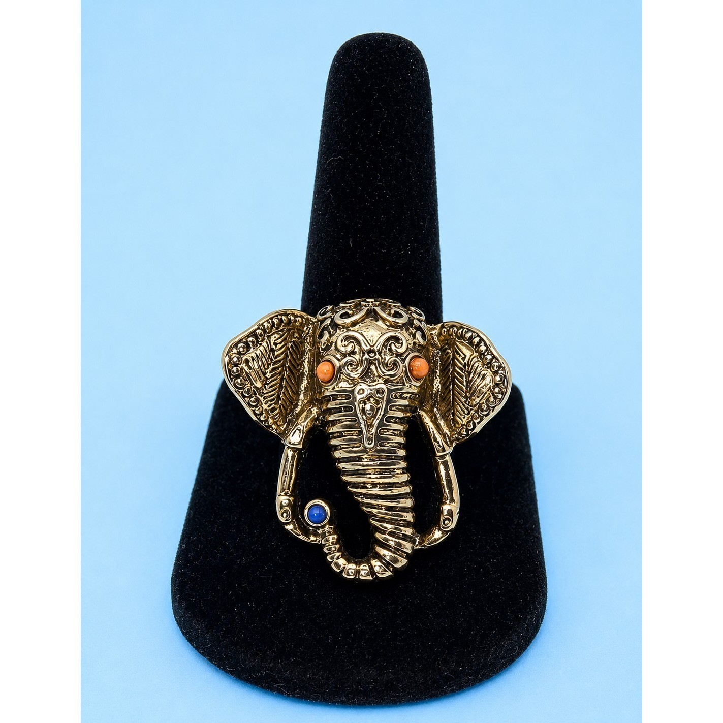 Vintage Elephant Ring On Stretch Band Gold Tone With Orange And Blue -484