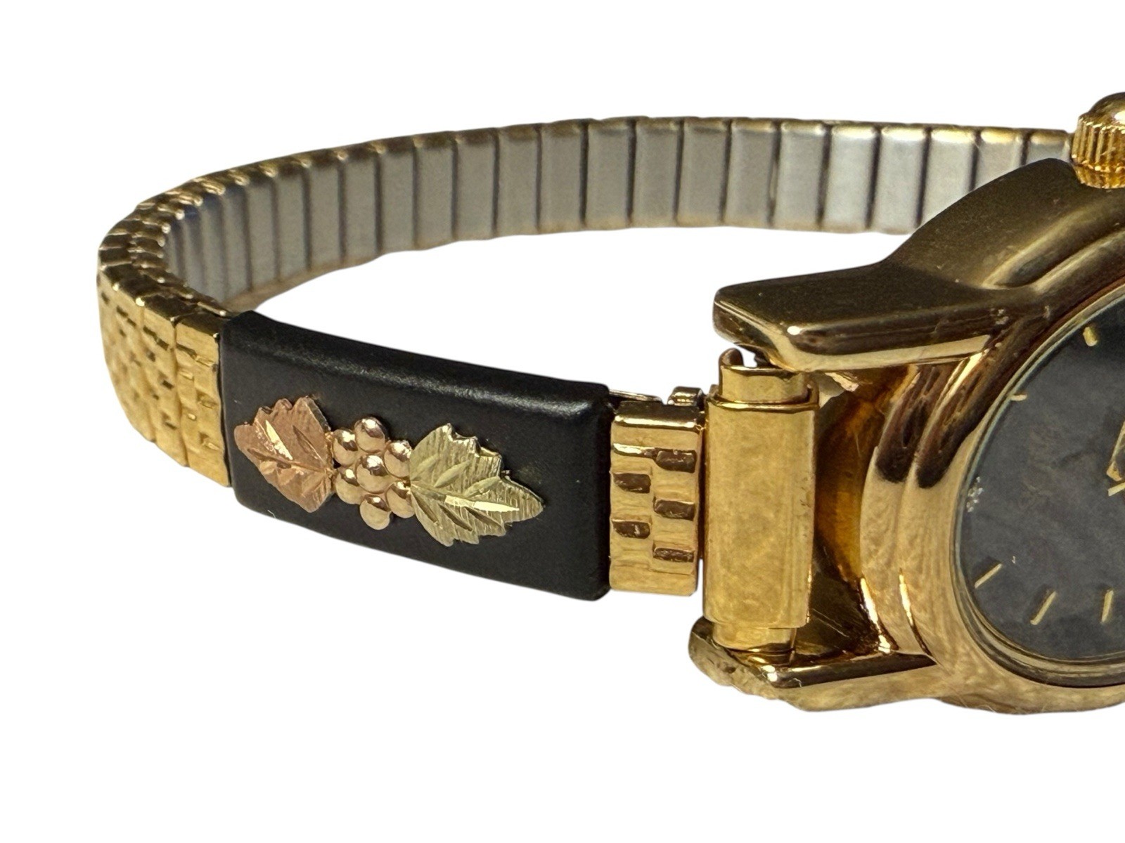Ladies NOS Retro Vintage Black Hills Gold Stainless Steel Analog Wristwatch