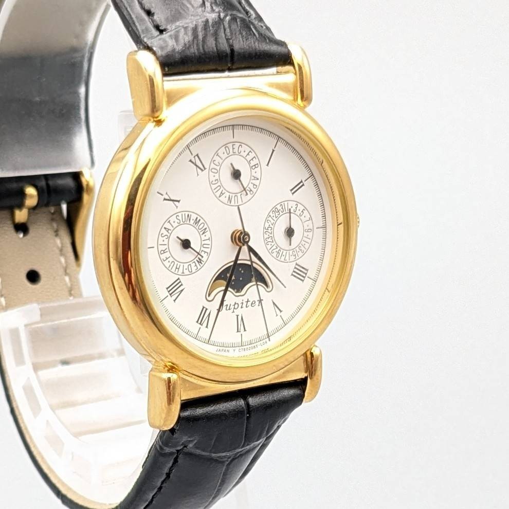 Vintage ORIENT Jupiter C7E508-50 Moon Phase Quartz Watch New Battery Strap Japan