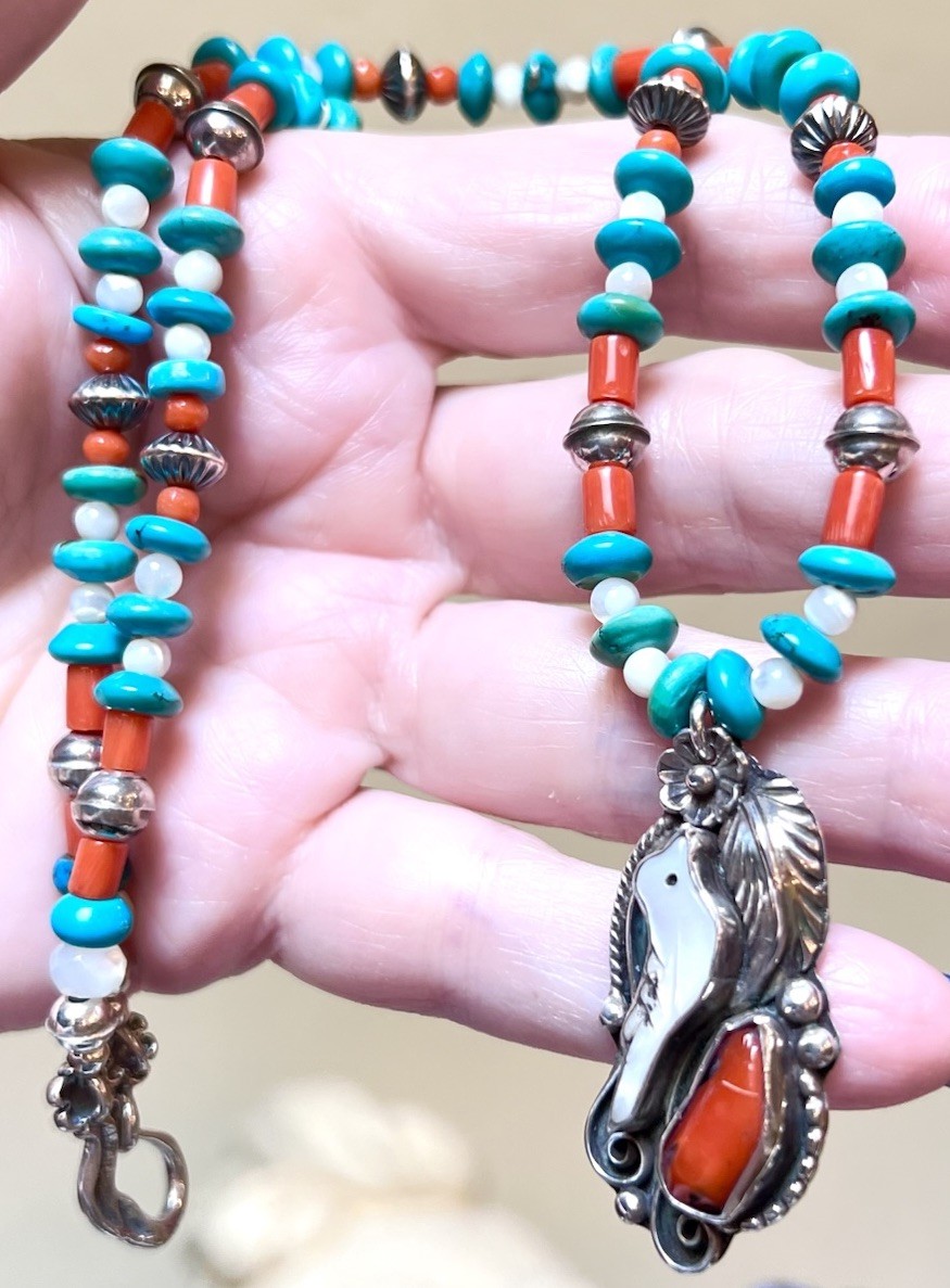 LOVELY Native, Navajo Signed Sterling Silver Turquoise, Coral, Etc Bird Necklace
