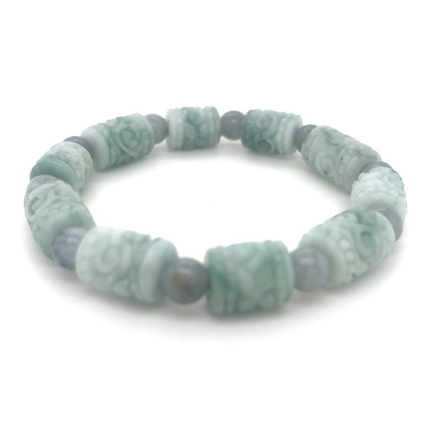 Green Hand Carved Jadeite Barrel Adjustable Bracelet Type A with 翡翠缅紫绿