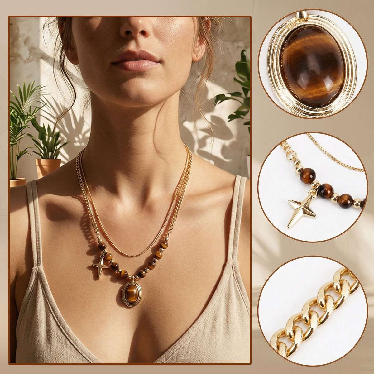 Tiger eye Beaded Necklace Healing Protection Handmade Women Double Pedant Stone