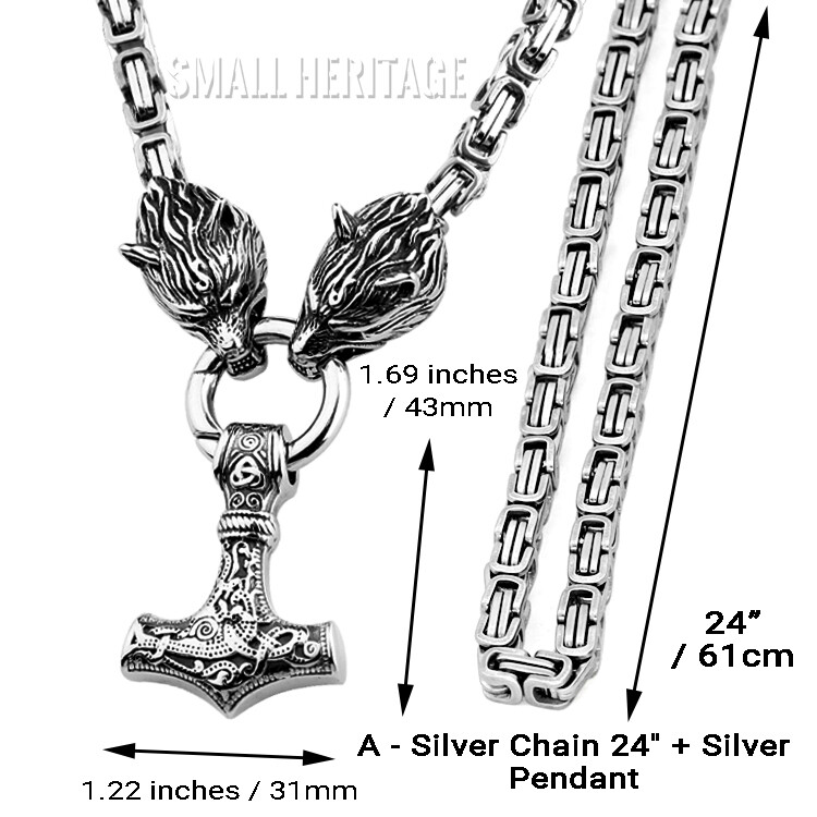 Men Viking Stainless Steel Wolf Thor Hammer Pendant Necklace Norse Mjolnir Odin