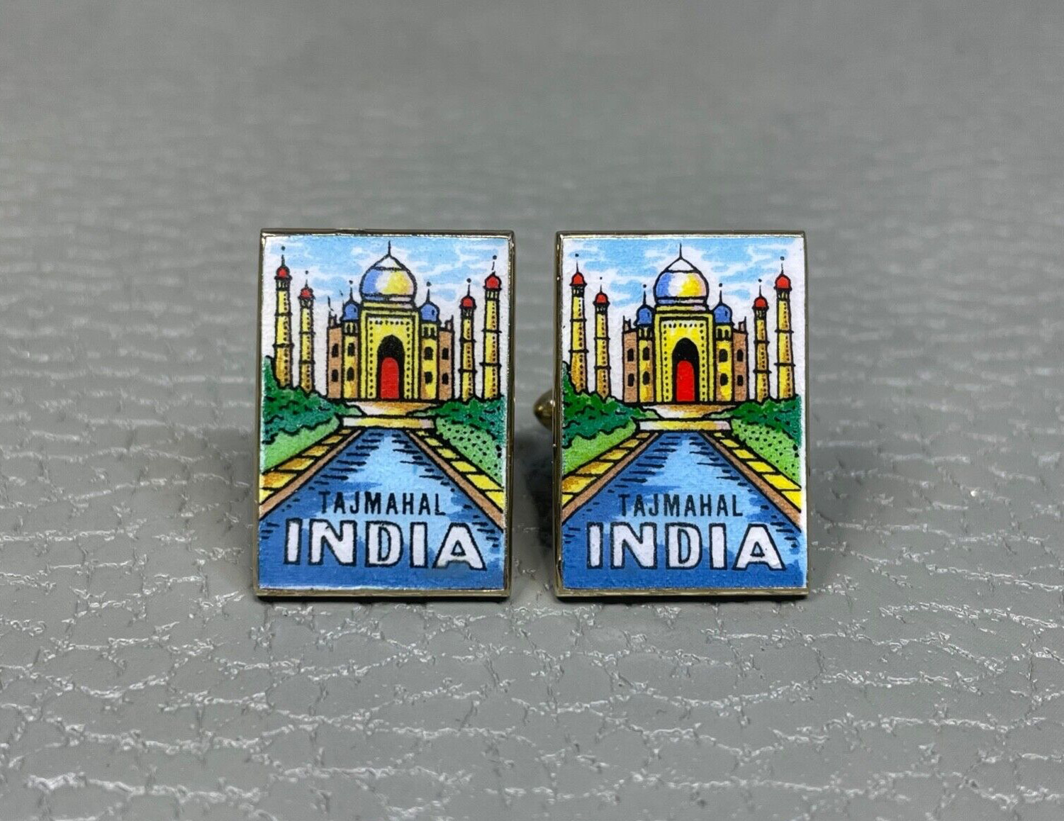 Contemporary Taj Mahal Enamel Yellow Gold Plated Cuff Links