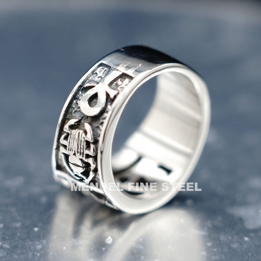 MENDEL Mens Egyptian Ankh Scarab Eye Of Horus Ra Ring Stainless Steel Size 6-15