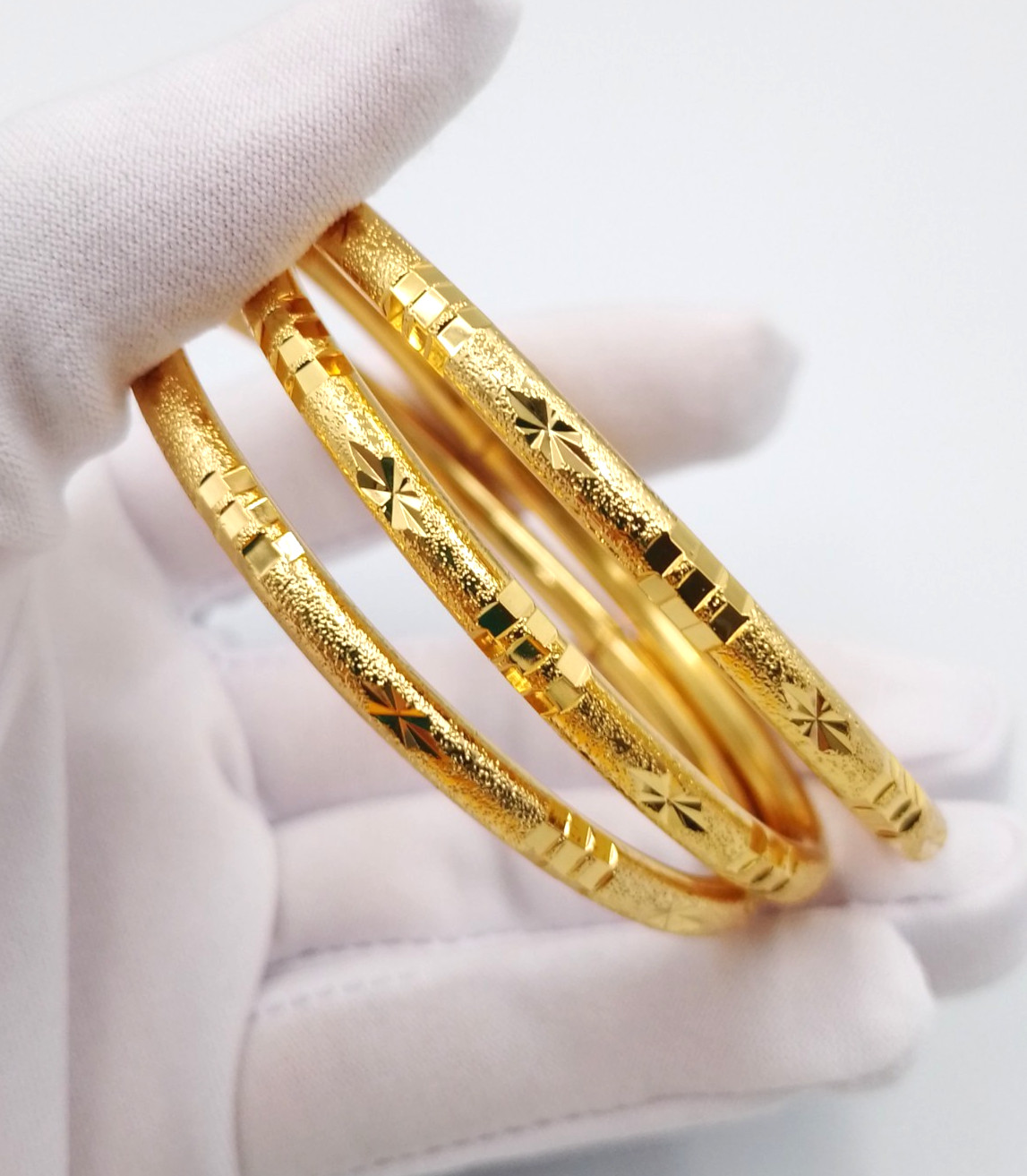 Set 3 Bangle Bracelets 23K 24K Thai Baht Gold GP Filled Women Girls Gift 5.7 cm