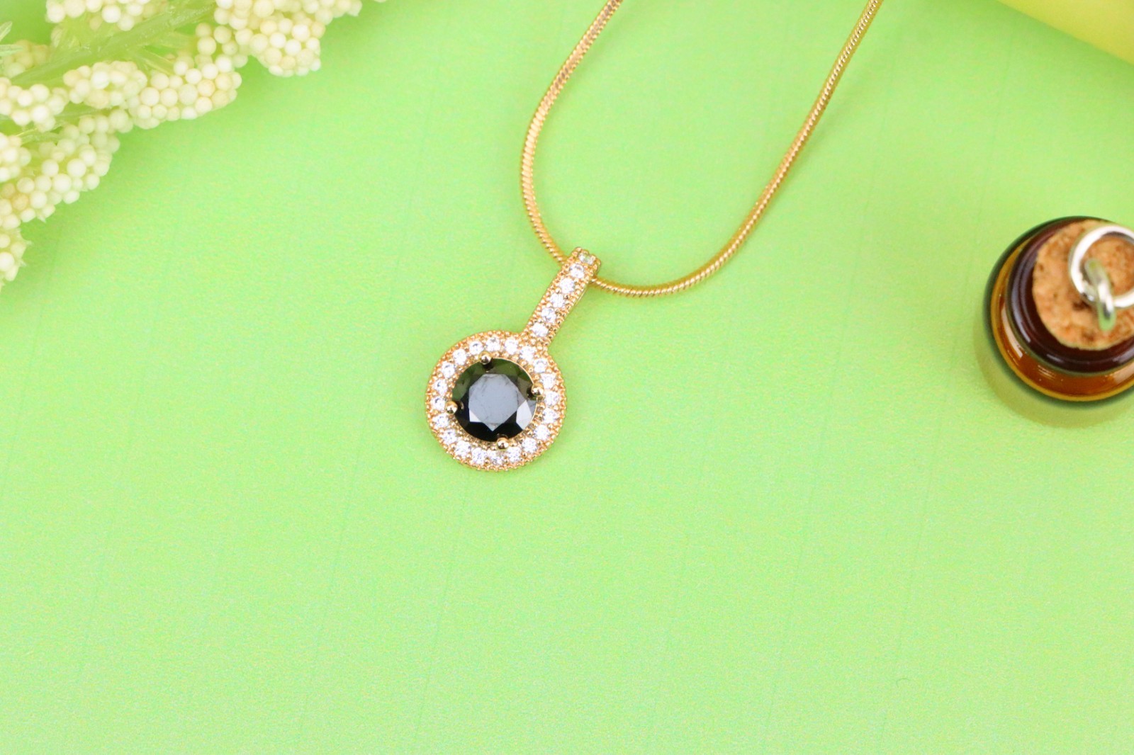 with Crystal Halo for Women, XPPT1740 Gold Plated Black Round Pendant
