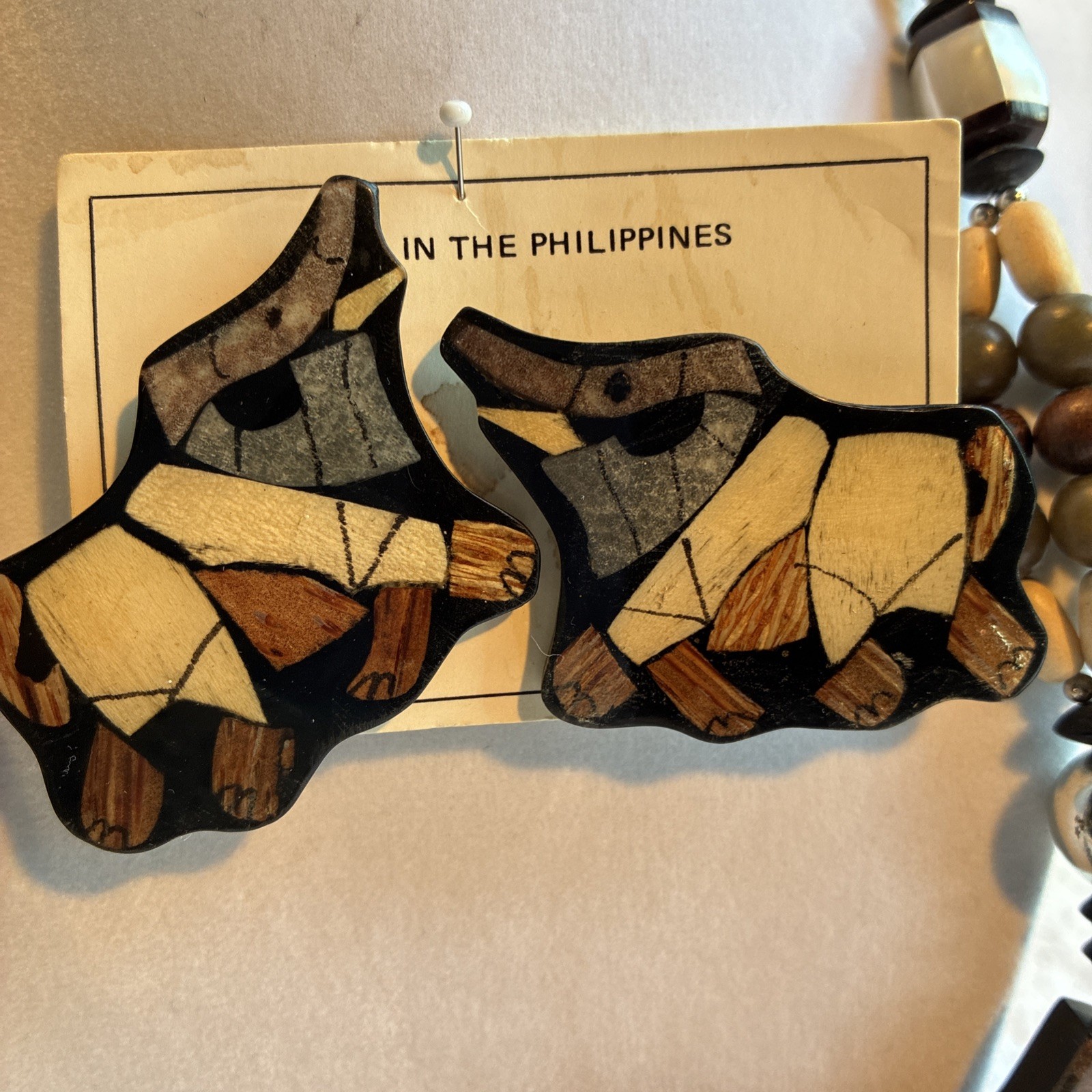 Vintage Lee Sands Wood Inlay Elephant Necklace and Earrings Made In Philippines