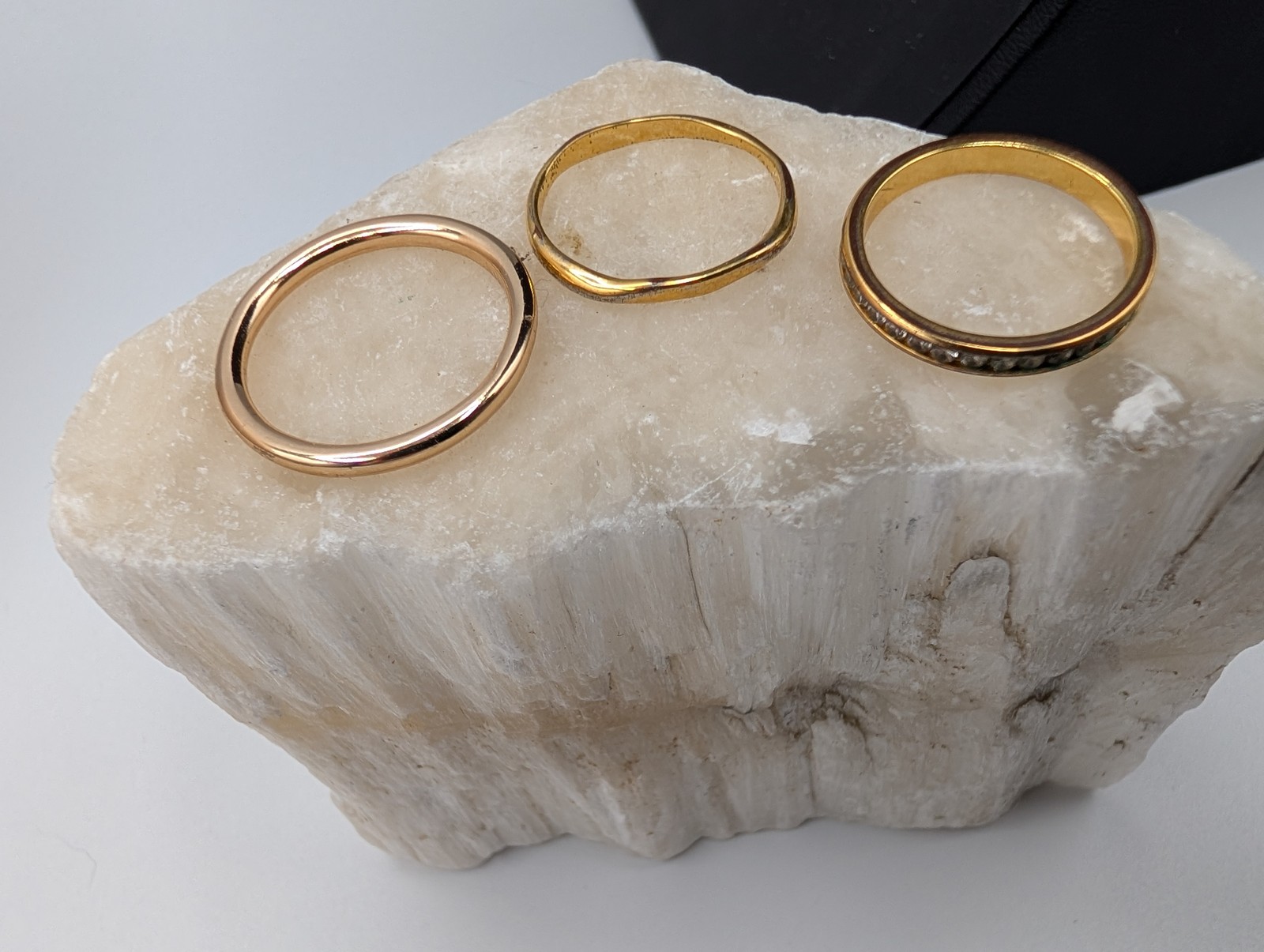 Lot of 3 Fashion Rings Gold Tone Rose Gold Tone Clear Stone Bands Sizes 6.5, 7.5