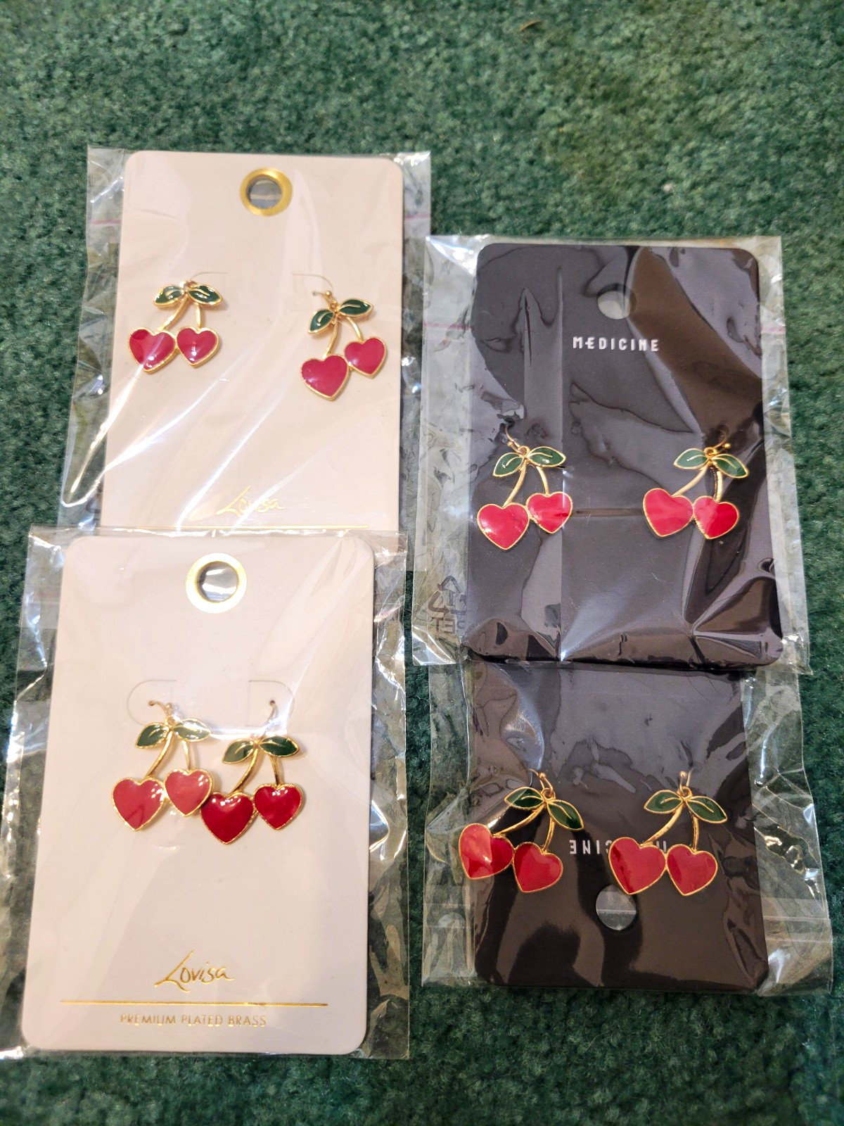 *Bundle Earrings* 4 Pairs Gold Tone Cherry Heart Dangle Hook Earrings Red Green