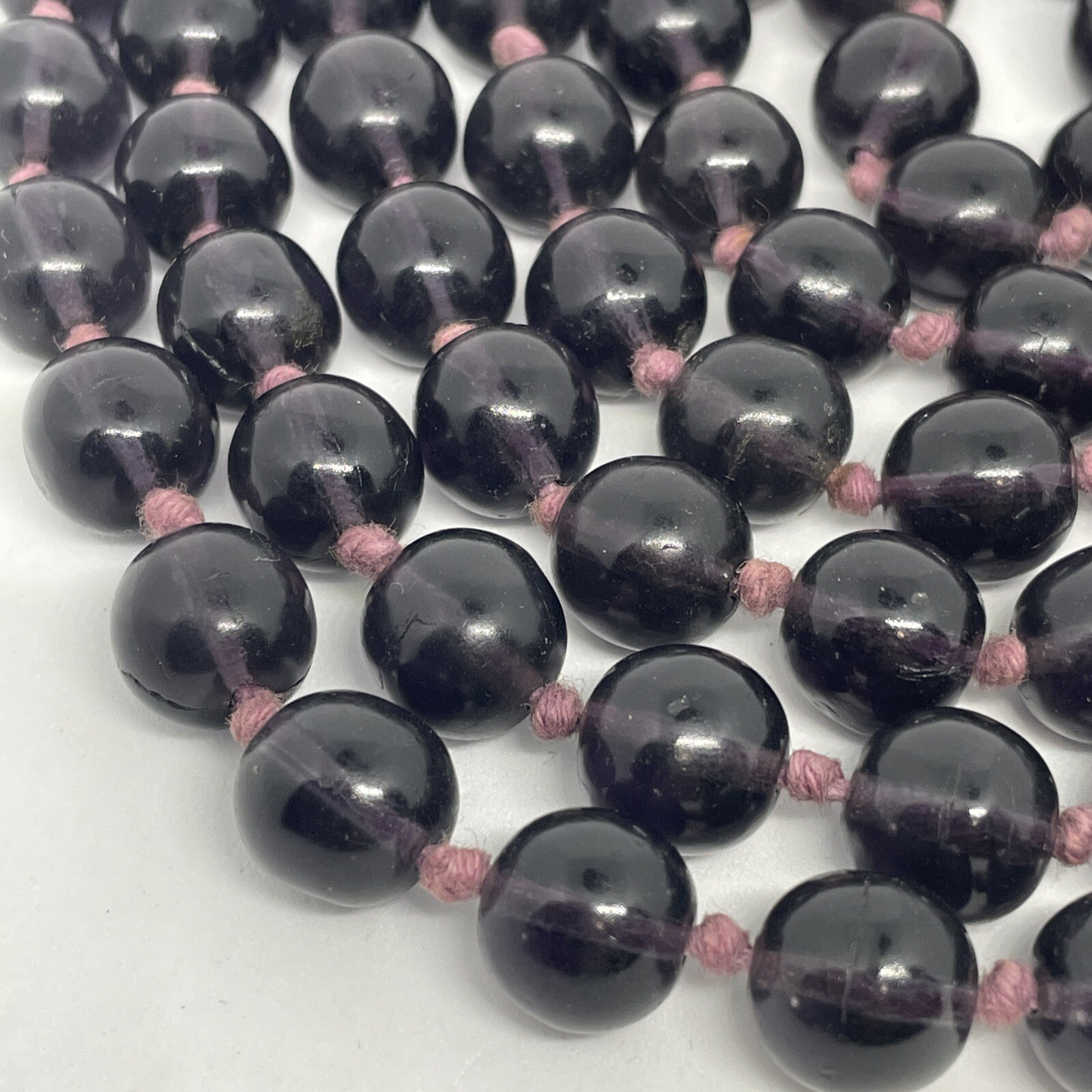 Vintage Deep Purple Chinese Glass Hand Knotted Round Bead Long Necklace 29”