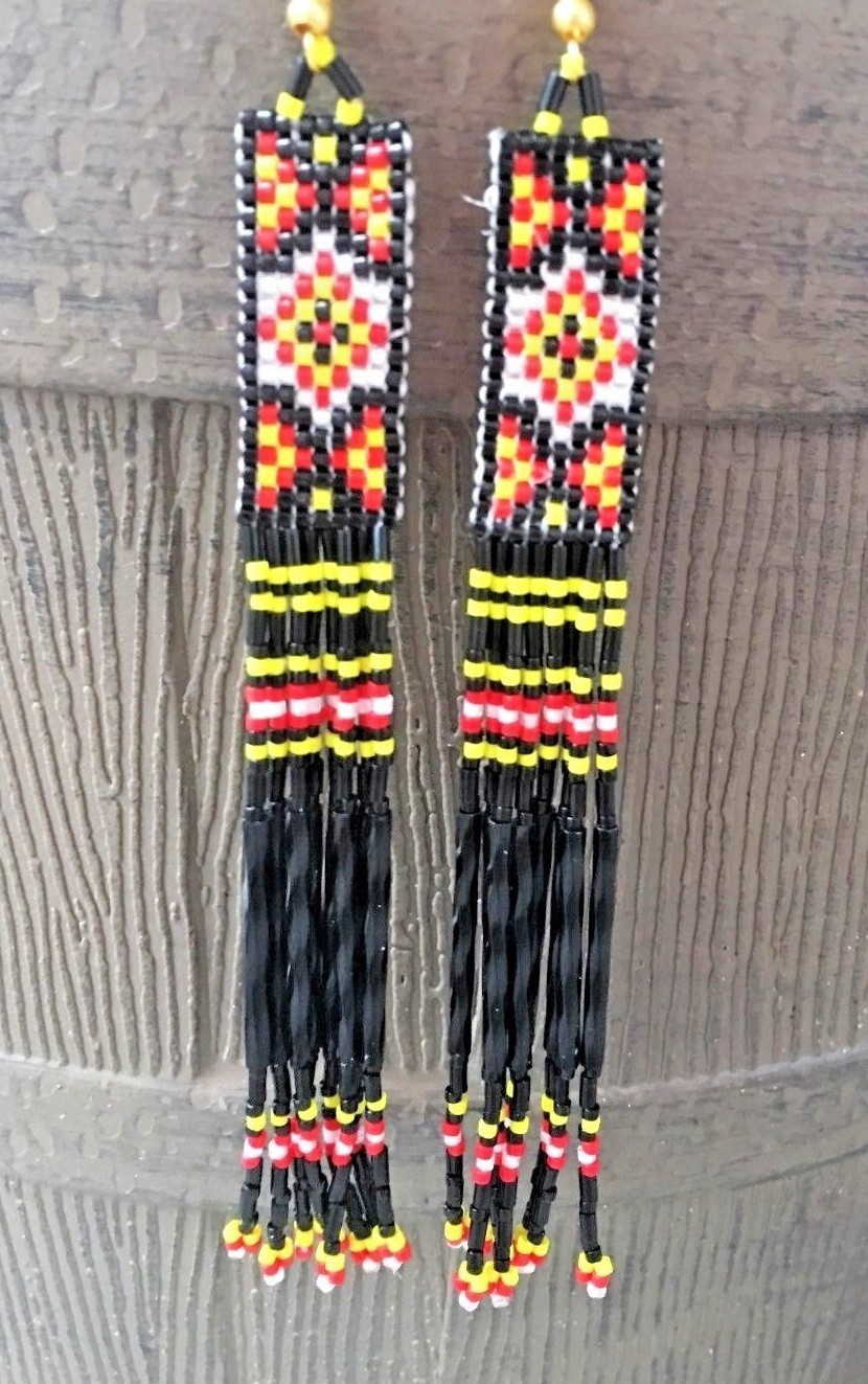Long Native Style Boho Black Yellow Red Shoulder Duster Beaded Fringe Earrings