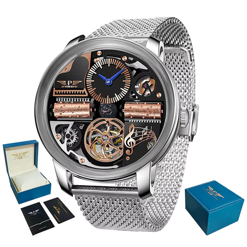 PINDU Luxury Automatic Men’s Watch – Skeleton, Leather Band, Water Resistant
