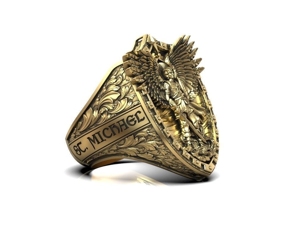 Saint Archangel Michael Dragon Wings & Inscription 925 Silver Statement Rings