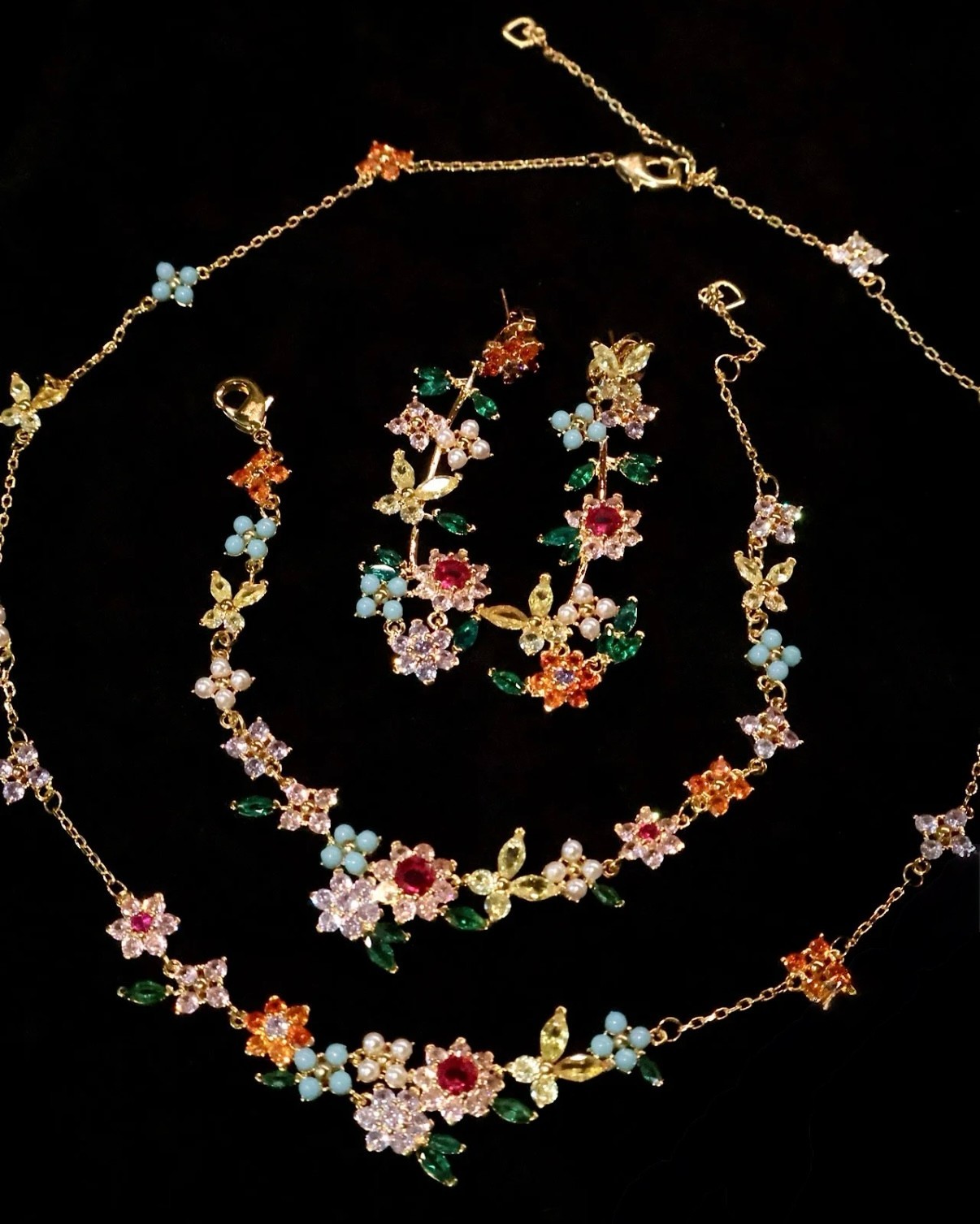 Floral Crystal Jewelry Set – Colorful Statement Necklace, Bracelet & Earrings