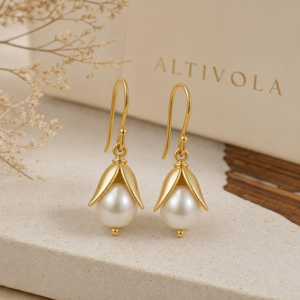 18K Gold Plated 925 Sterling Silver Simulated Pearl Floral Drop Earrings
