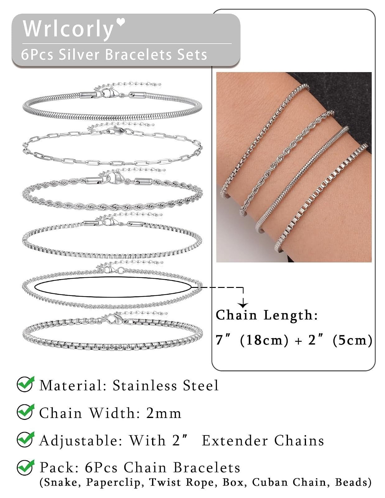 6Pcs Stainless Steel Chain Bracelets Set for Men Women Adjustable