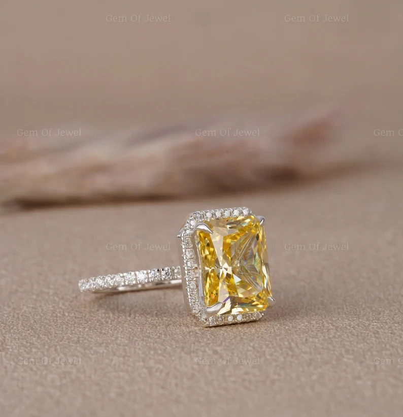 4.38 Ct Emerald Cut Yellow Sapphire Diamond Wedding Ring 14K White Gold Size 7.5