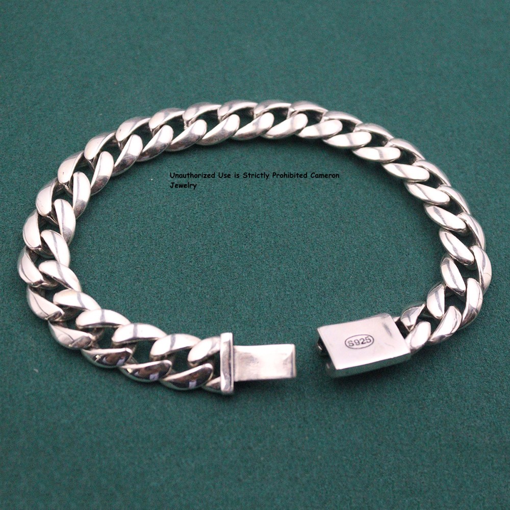 Pure S925 Sterling Silver Chain Men 11mm Cuban Curb Link Bracelet 44-45 8.26inch