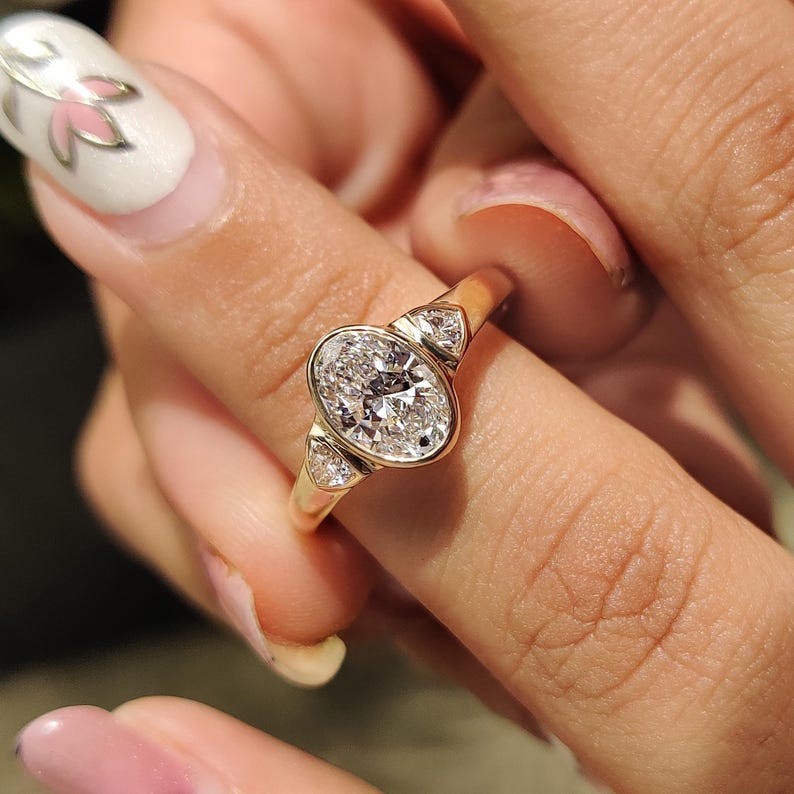 Oval Cut Lab Grown Diamond Three Stone Ring Full Bezel Set Engagement Ring IGI