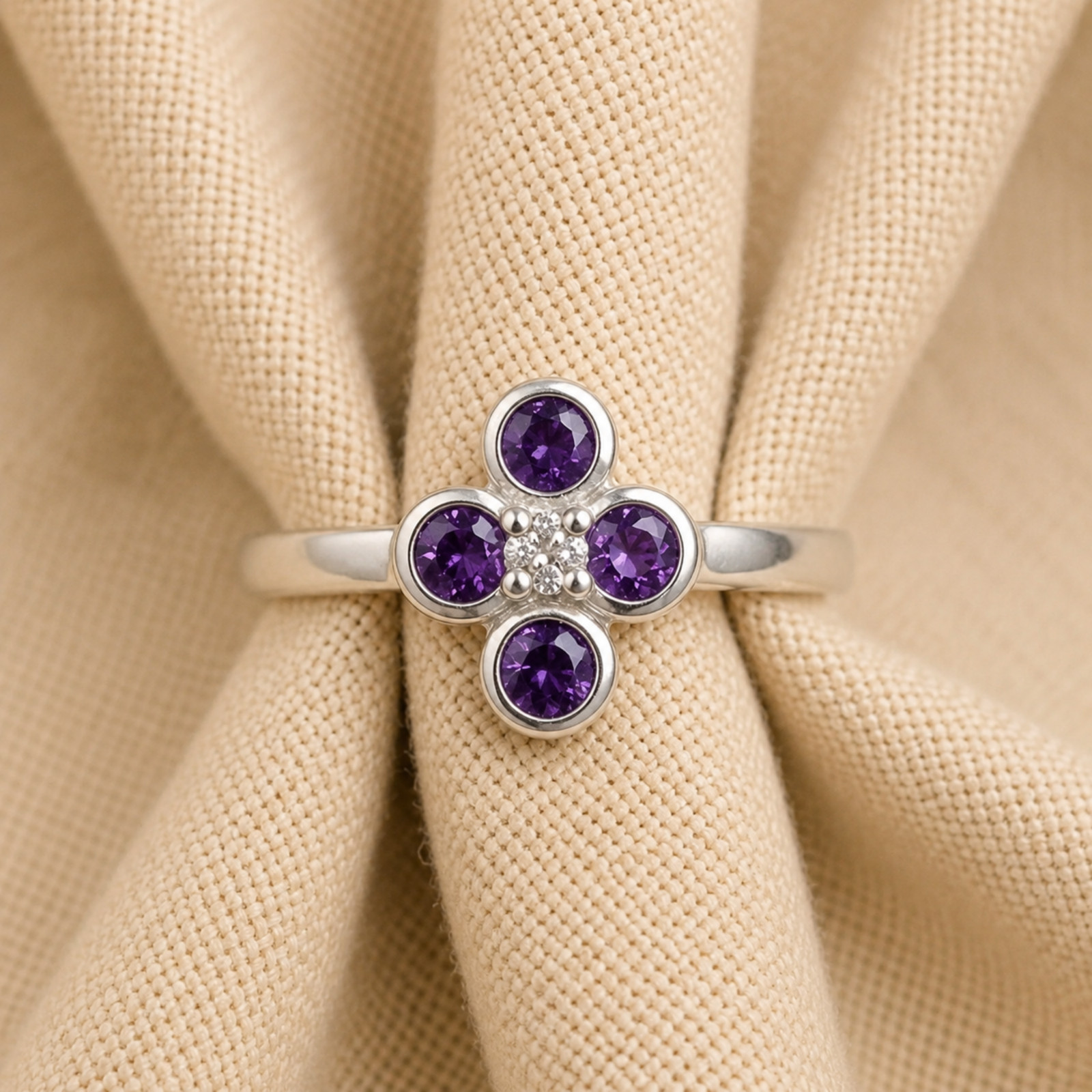 925 Sterling Silver Amethyst Flower Ring Round Bezel Set Floral Cluster Ring