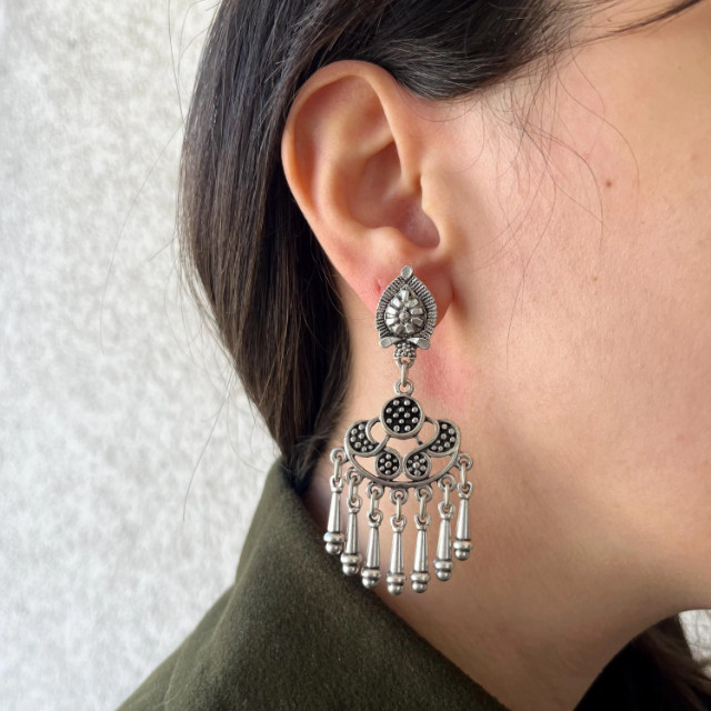 Boho Antique Silver Crescent Chandelier Fringe Dangle Ethnic Bohemian Earrings