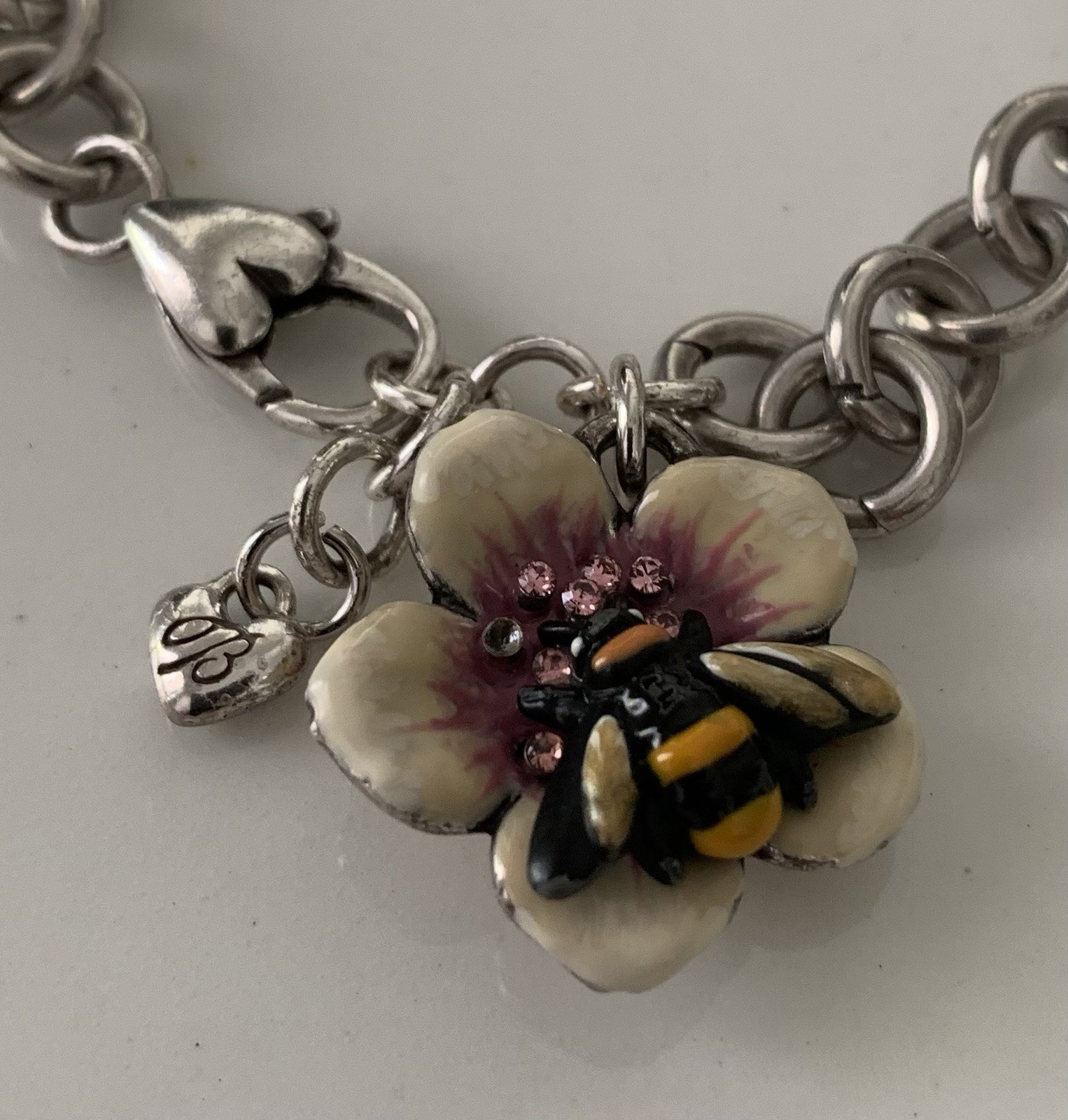 Brighton Vintage HONEY BEE FLORAL 7.5-8 In Charm Bracelet, Pink Crystal Accents