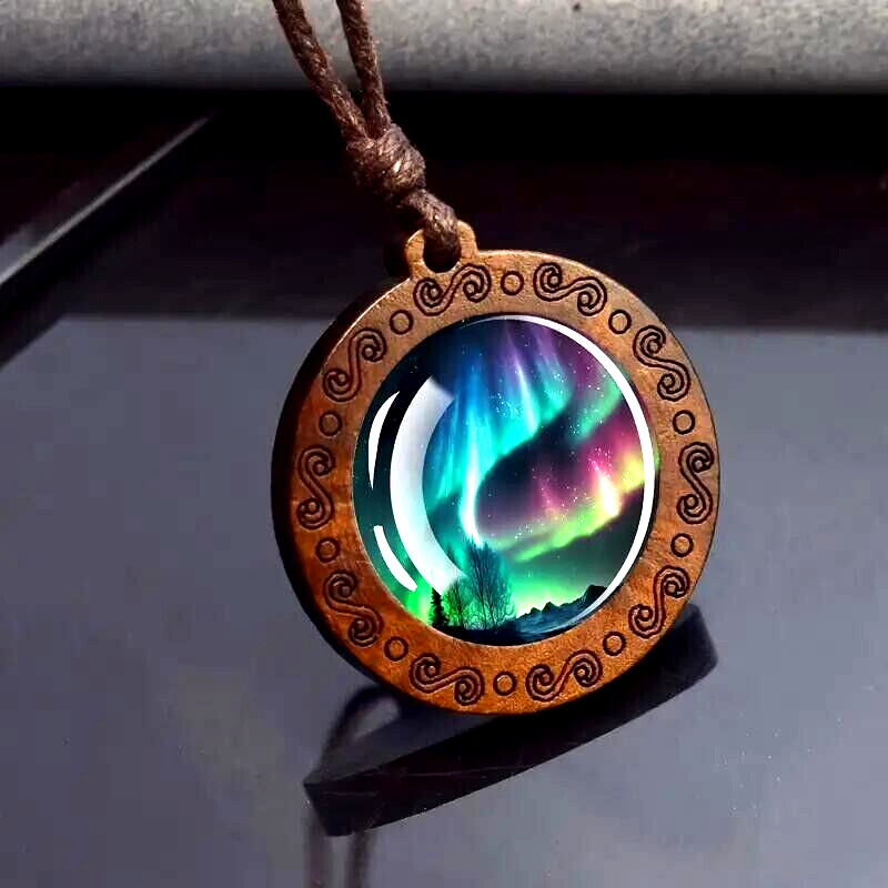 Aurora Northern Light Glass Wood Pendant Necklace Men Women Unique Jewelry Gift