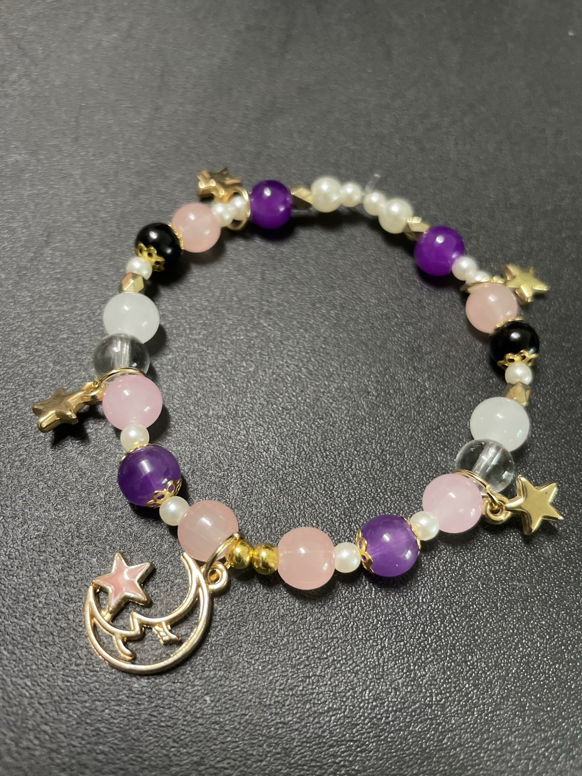 Multicolor Beaded Stretch Charm Bracelet Moon & Star Dangle, Celestial