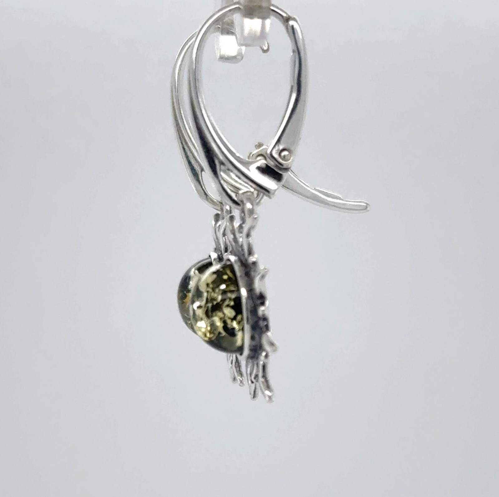 Round Green BALTIC AMBER Sun Dangle Leveback Earrings 925 STERLING SILVER #3633e