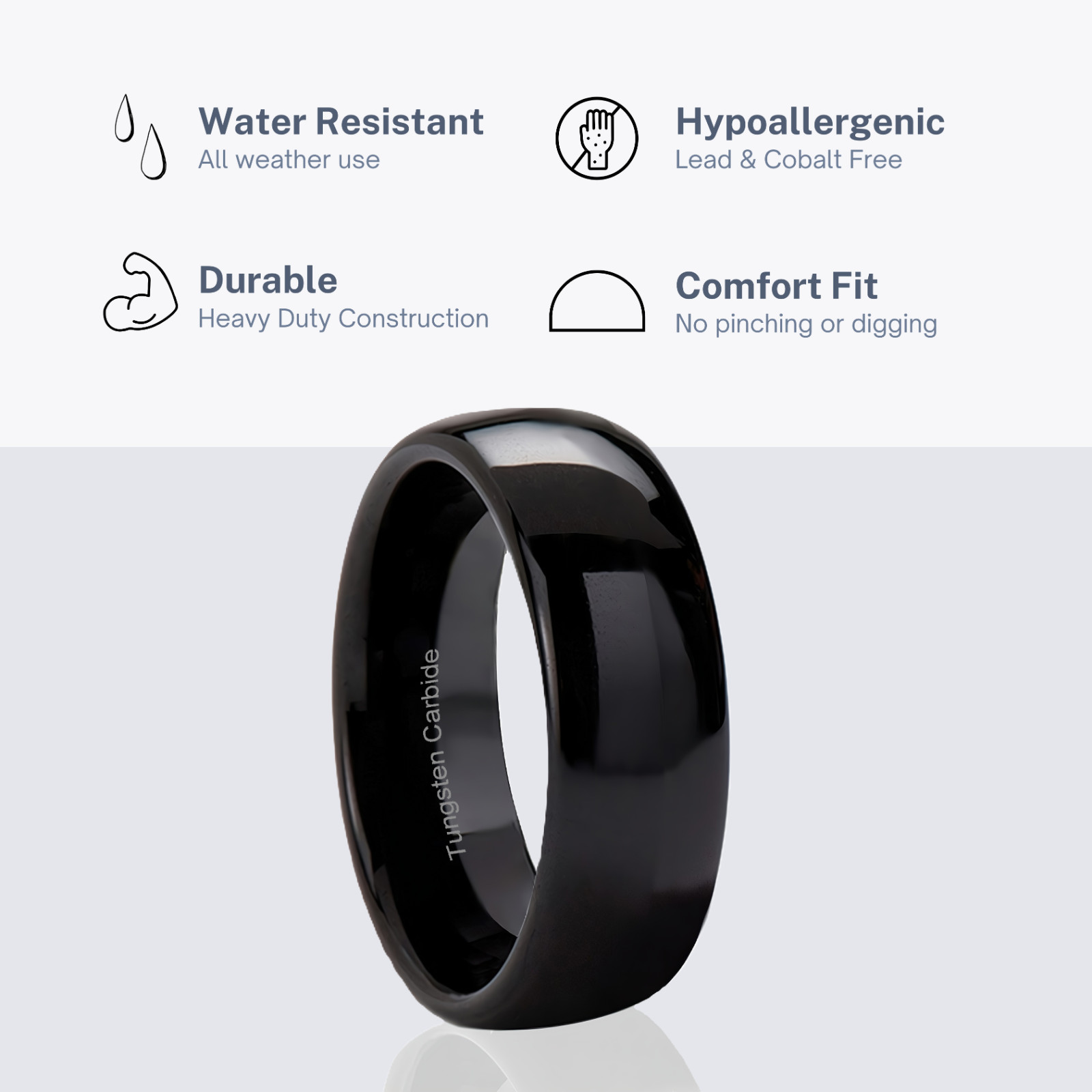 🔥 8mm Tungsten Carbide Dome Wedding Band Mens Black Silver or 18k Gold Plated