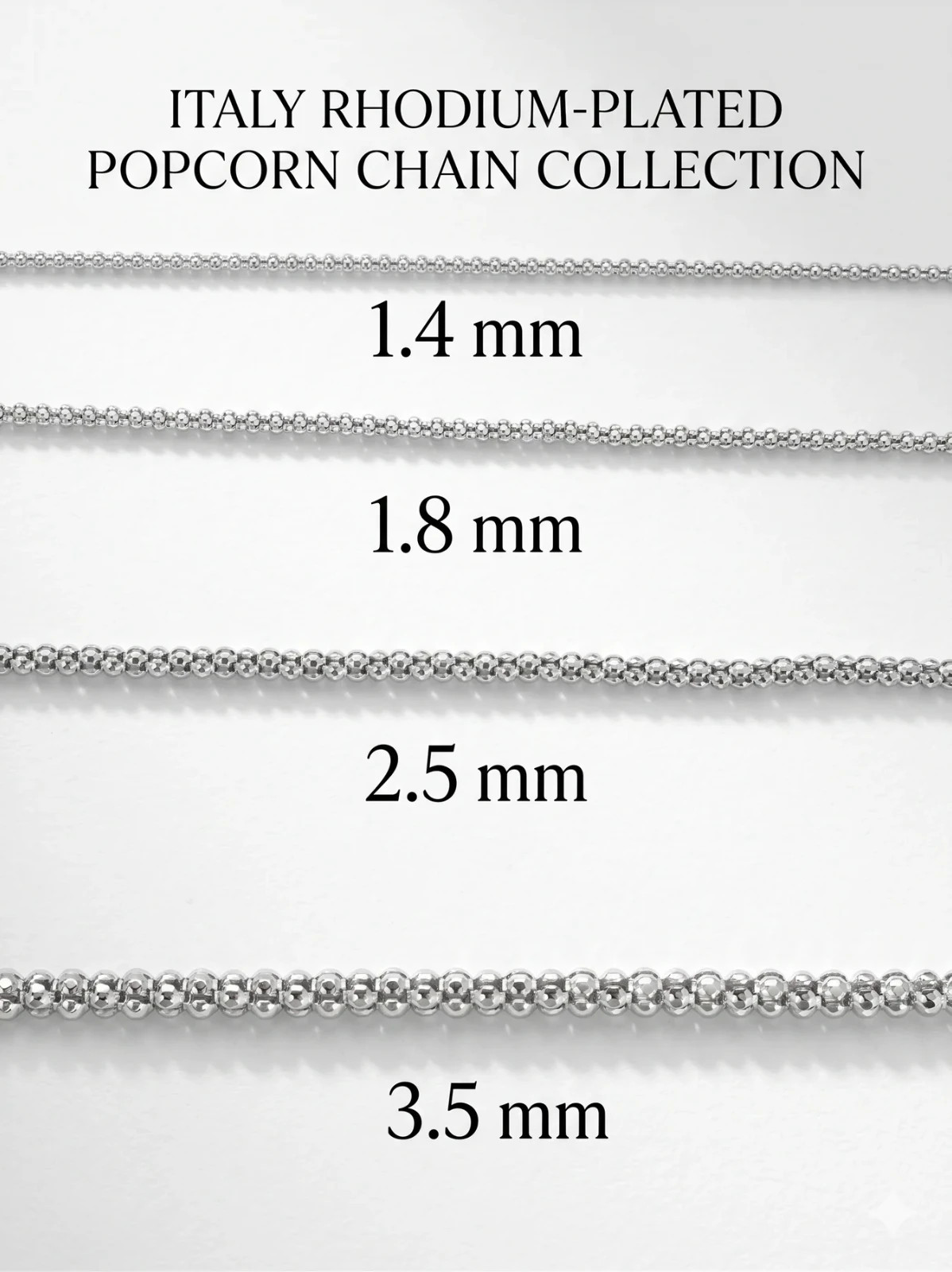 Popcorn Chain Necklace Rhodium Plated 925 Sterling Silver Italy 1.4-3.5mm