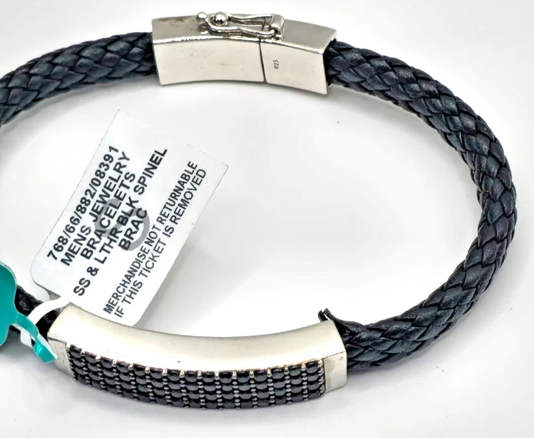 EFFY Mens Braided Black Leather Bracelet 925 Silver Black Spinel Steel Clasp