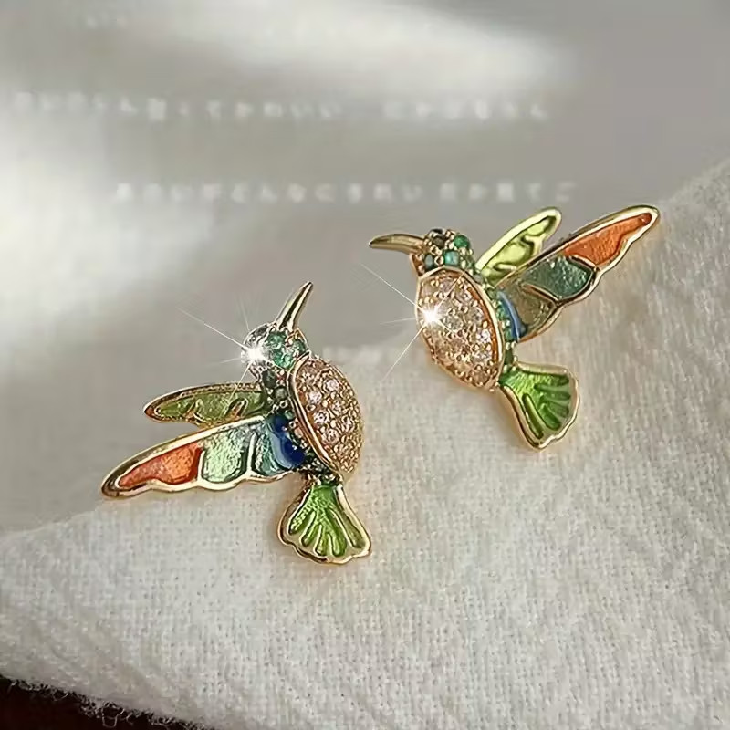 Pair Vintage Alloy Earrings Colorful Enamel Hummingbird