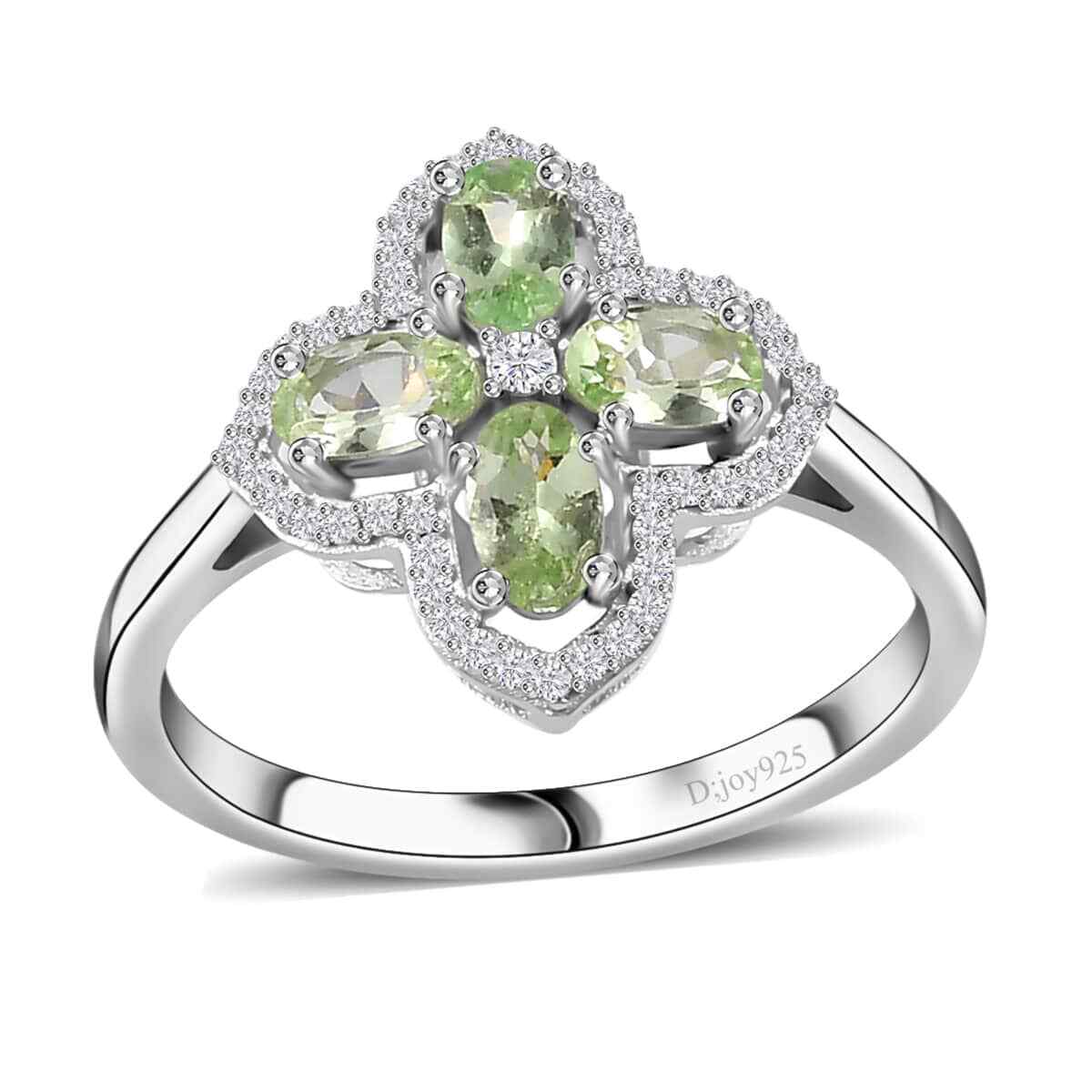 1.20 ctw Mint Garnet & Moissanite Clover Ring Rhodium Plated Sterling Size 6
