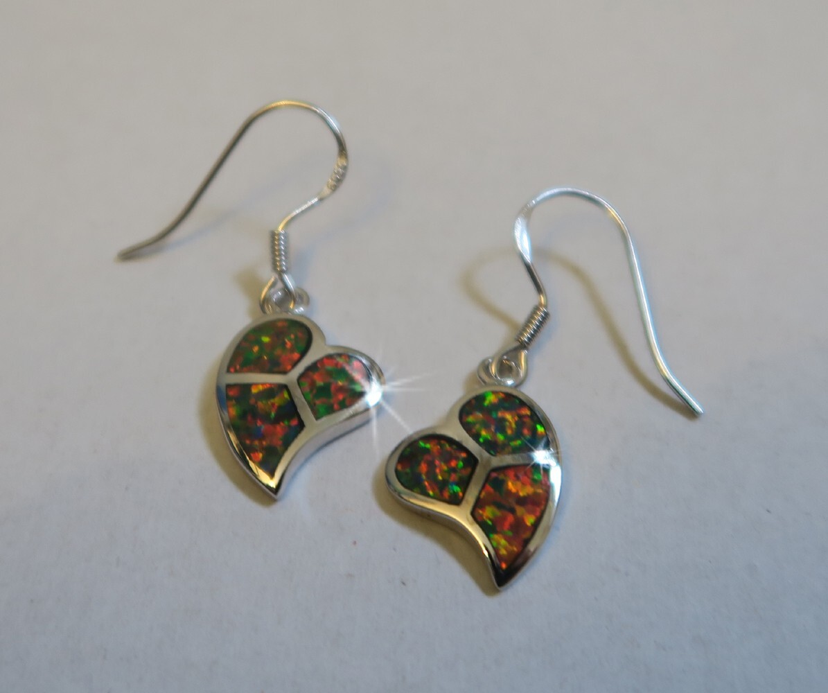 925 REAL SILVER RHODIUM PLATED *** Opal Red Brown Synth. Leaf Earrings 33mm
