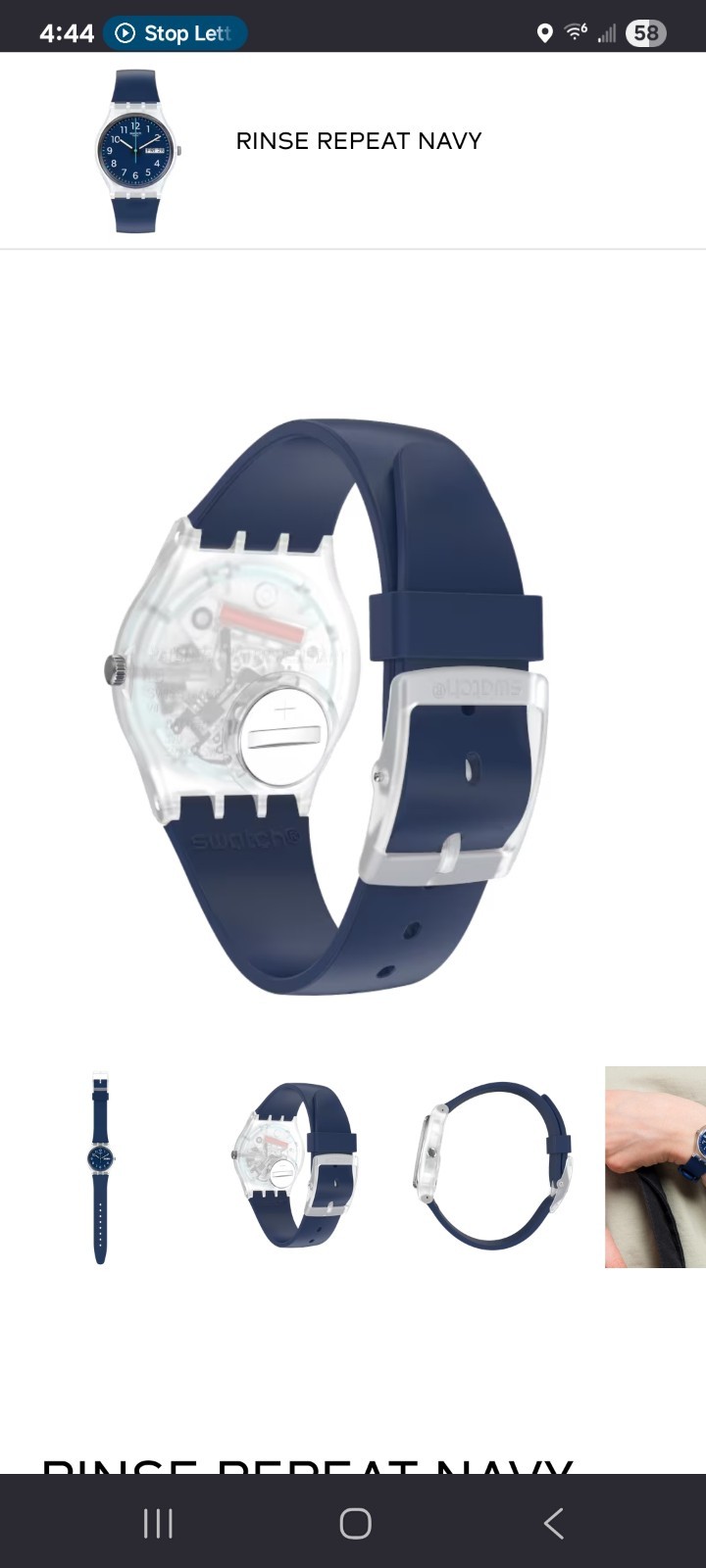 Swatch “RINSE REPEAT NAVY” analog blue/clear biobased plastic dated watch